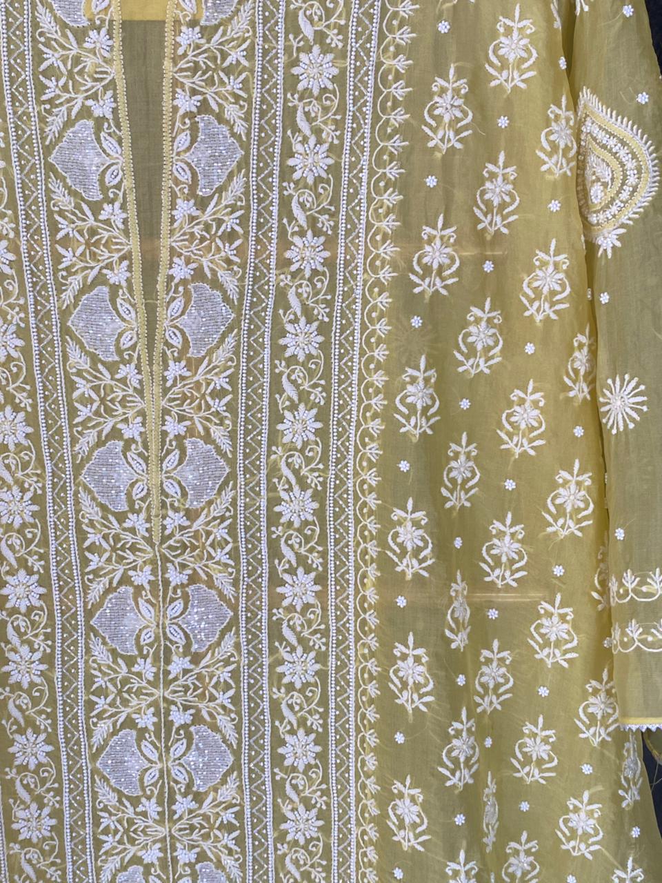 Yellow organza Chikankari Center Panel Kurta Set
