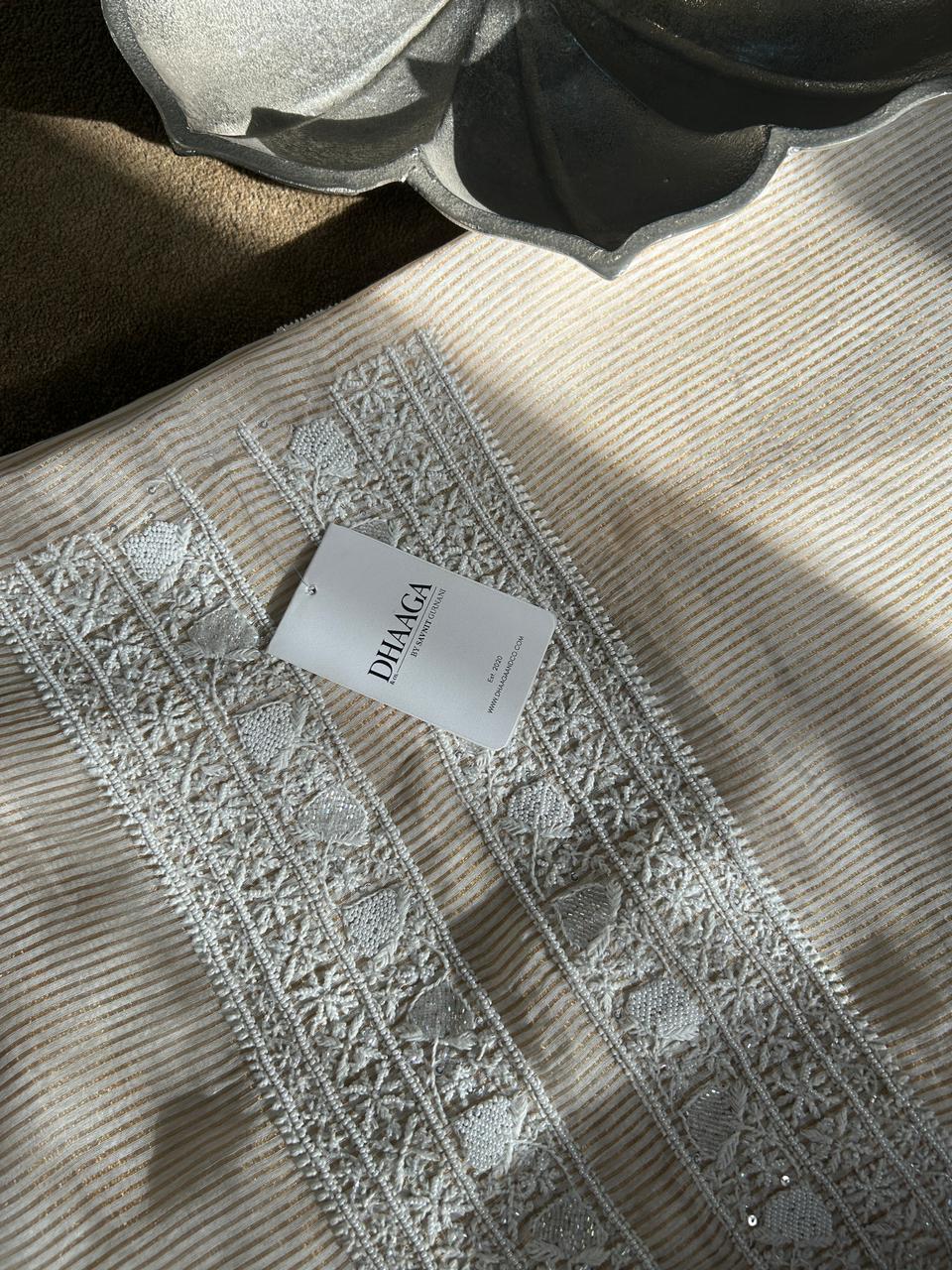 Beige Striped Tissue Chikankari Mens Kurta