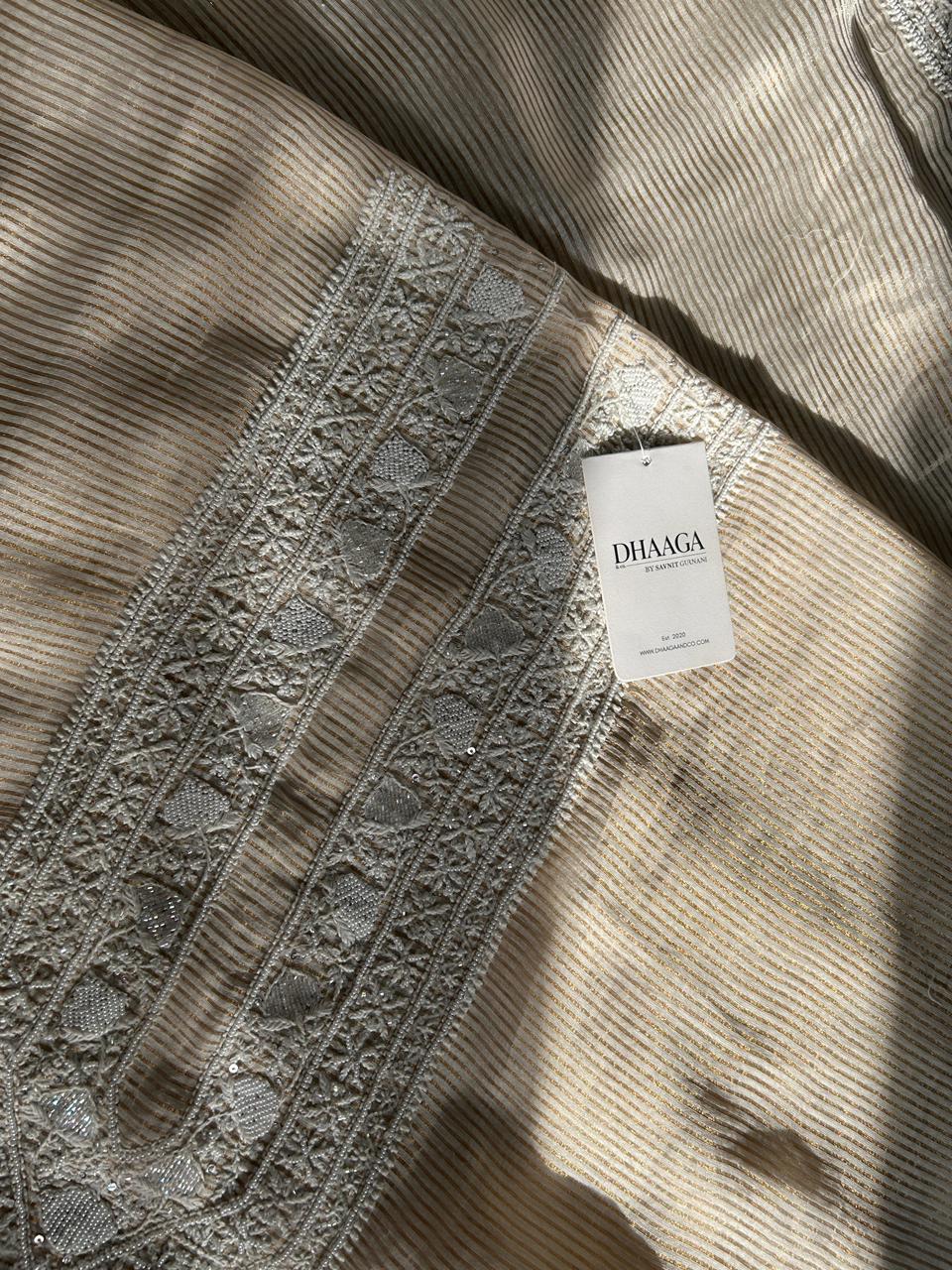 Beige Striped Tissue Chikankari Mens Kurta