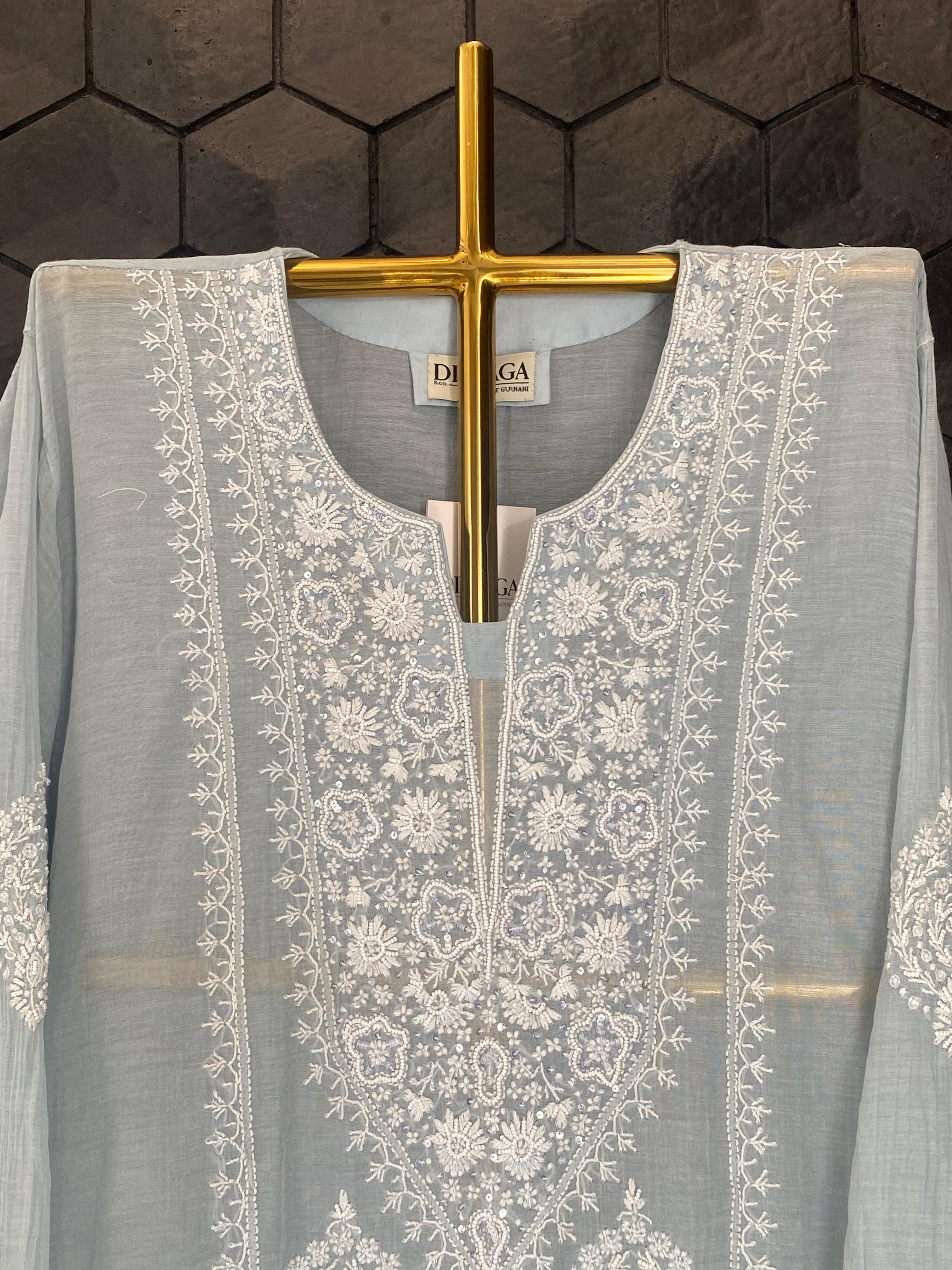 Sky Blue Silver Tissue Chikankari Co-ord Set