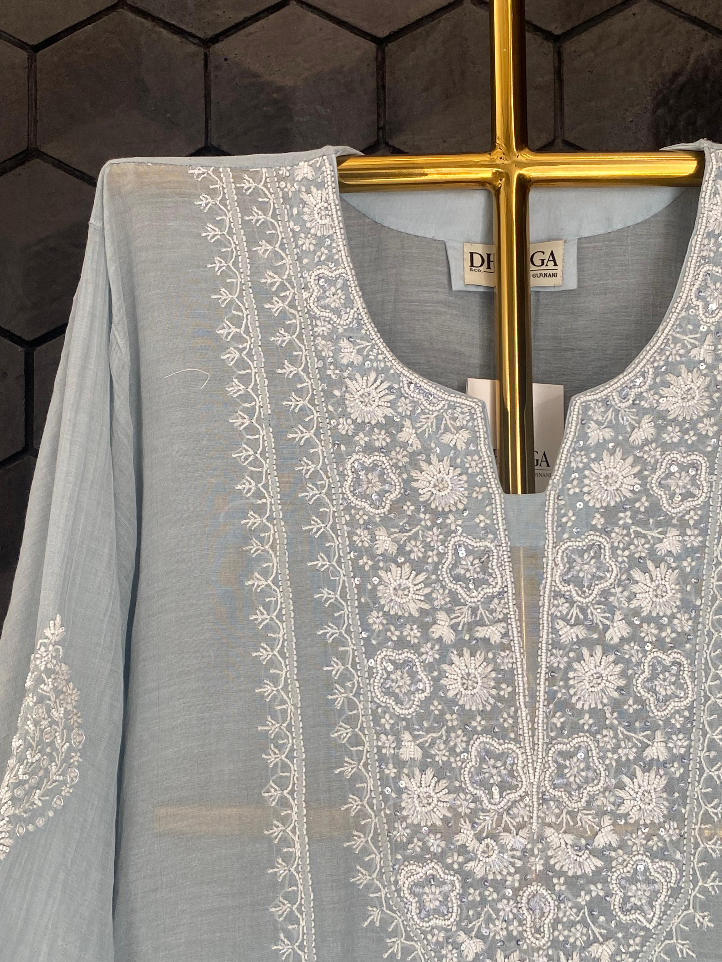 Sky Blue Silver Tissue Chikankari Co-ord Set