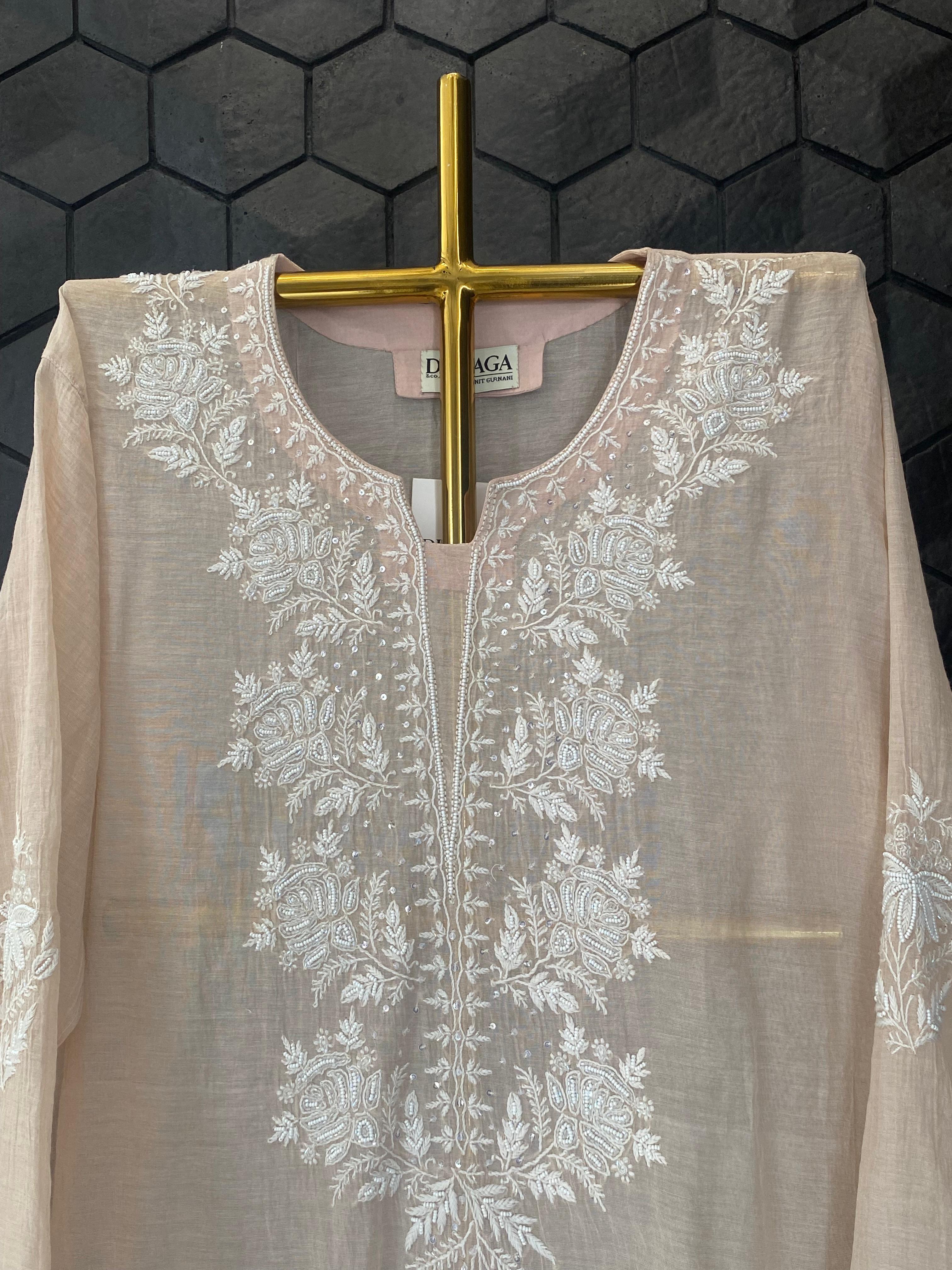 Peach Silver Tissue Chikankari Co-ord Set