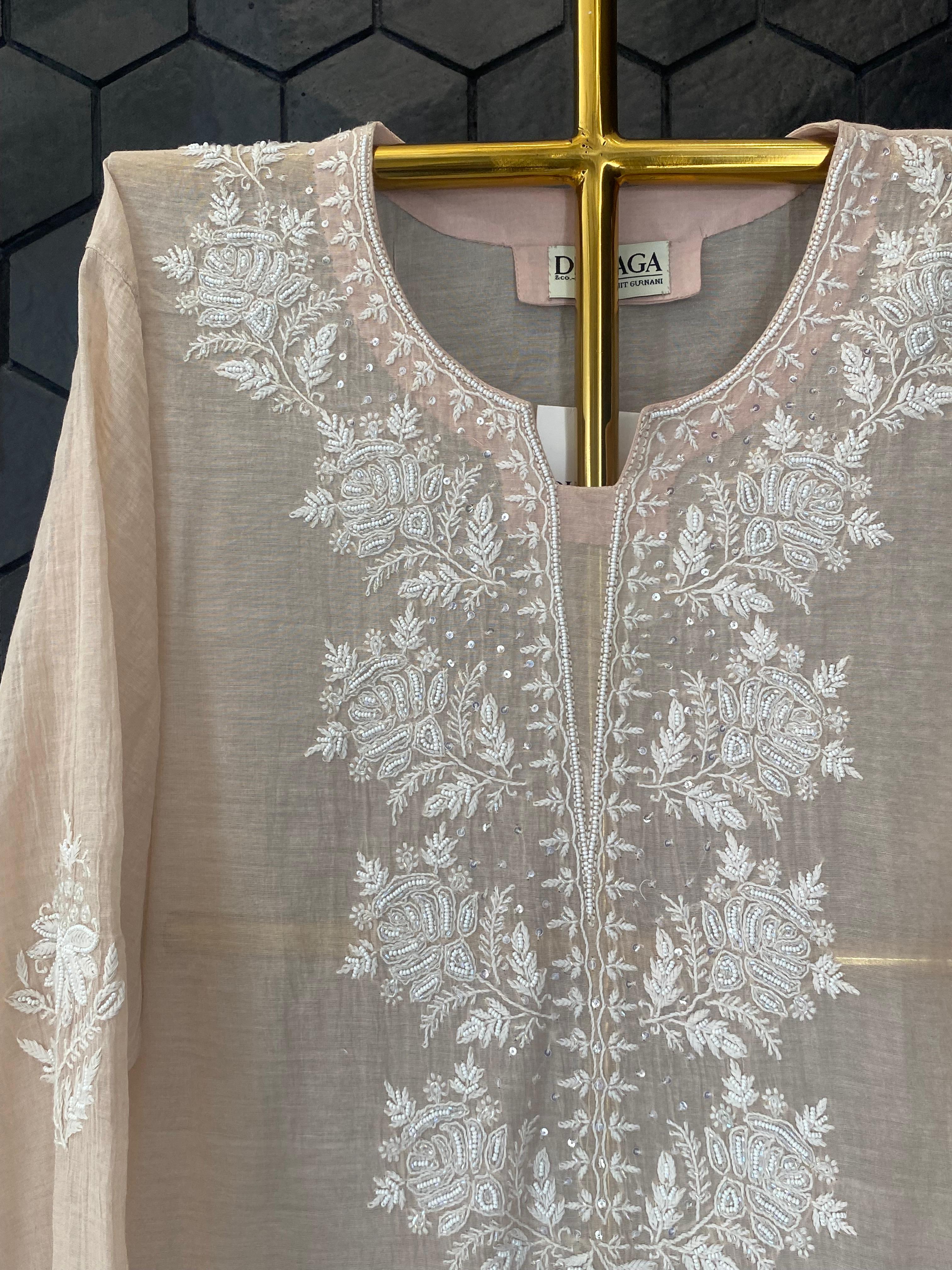 Peach Silver Tissue Chikankari Co-ord Set