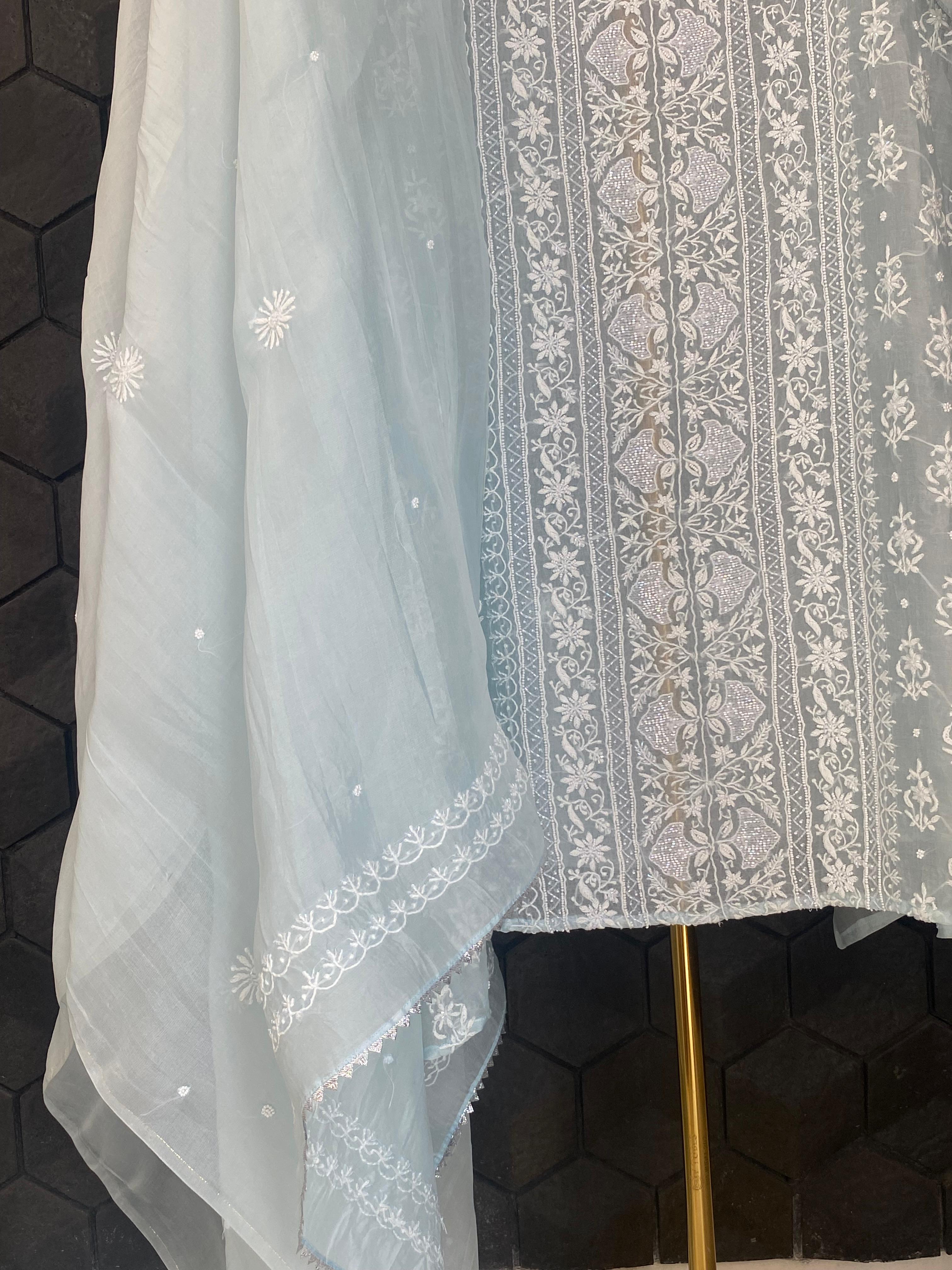 Blue Organza Chikankari Kurta Set