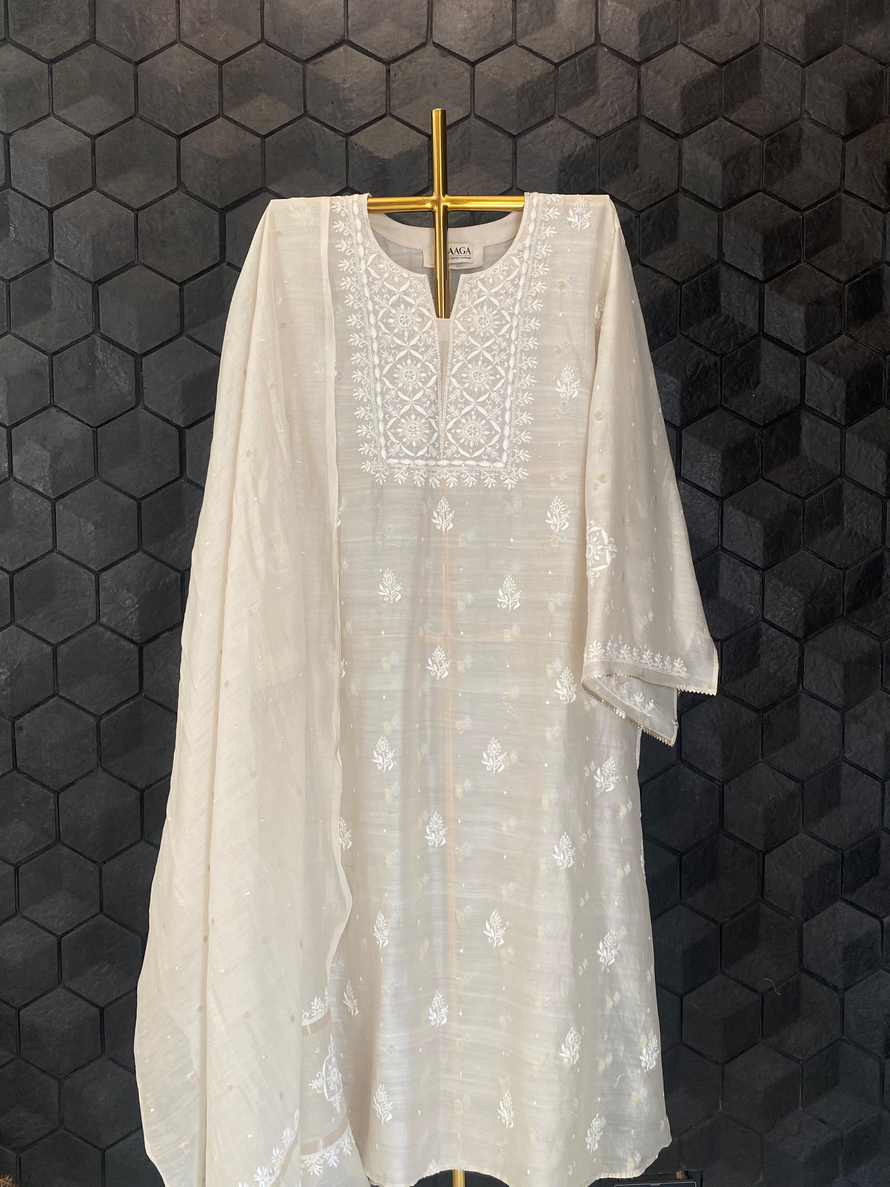 Beige Mul Chanderi Chikankari Kurta Set