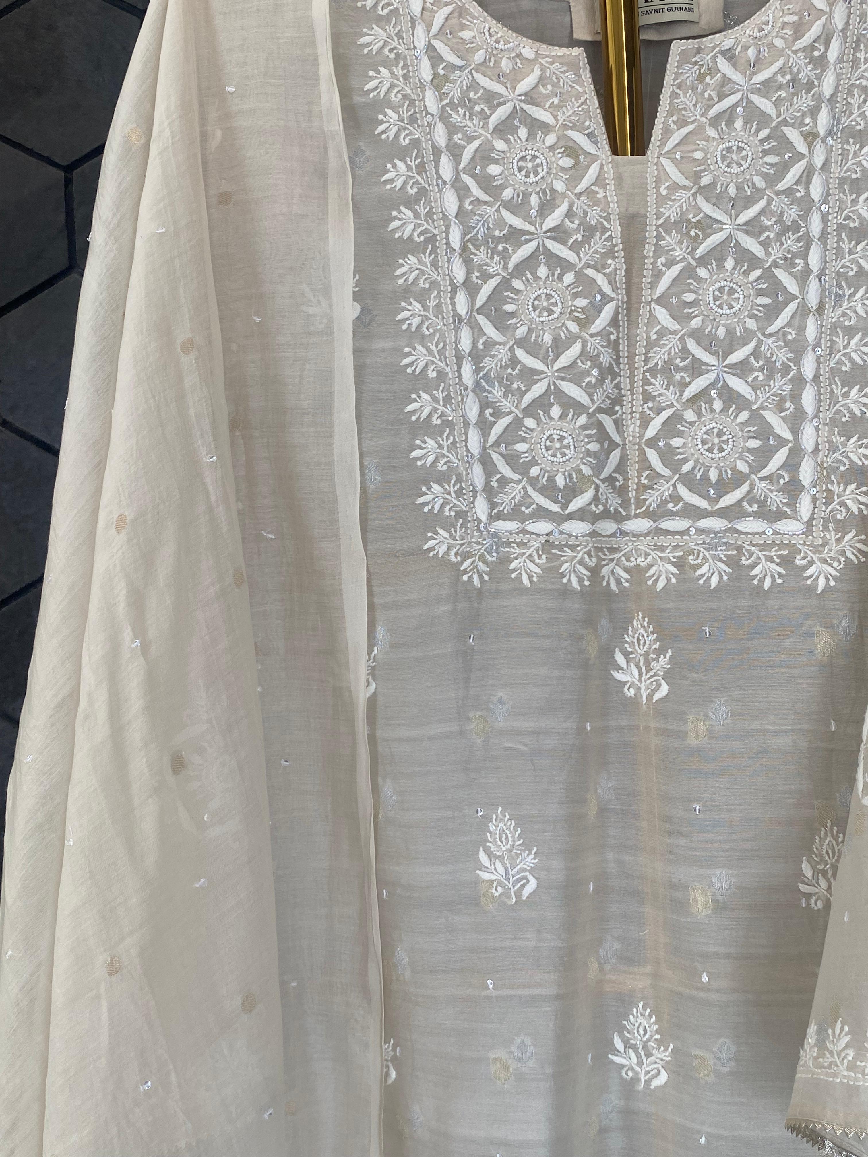 Beige Mul Chanderi Chikankari Kurta Set