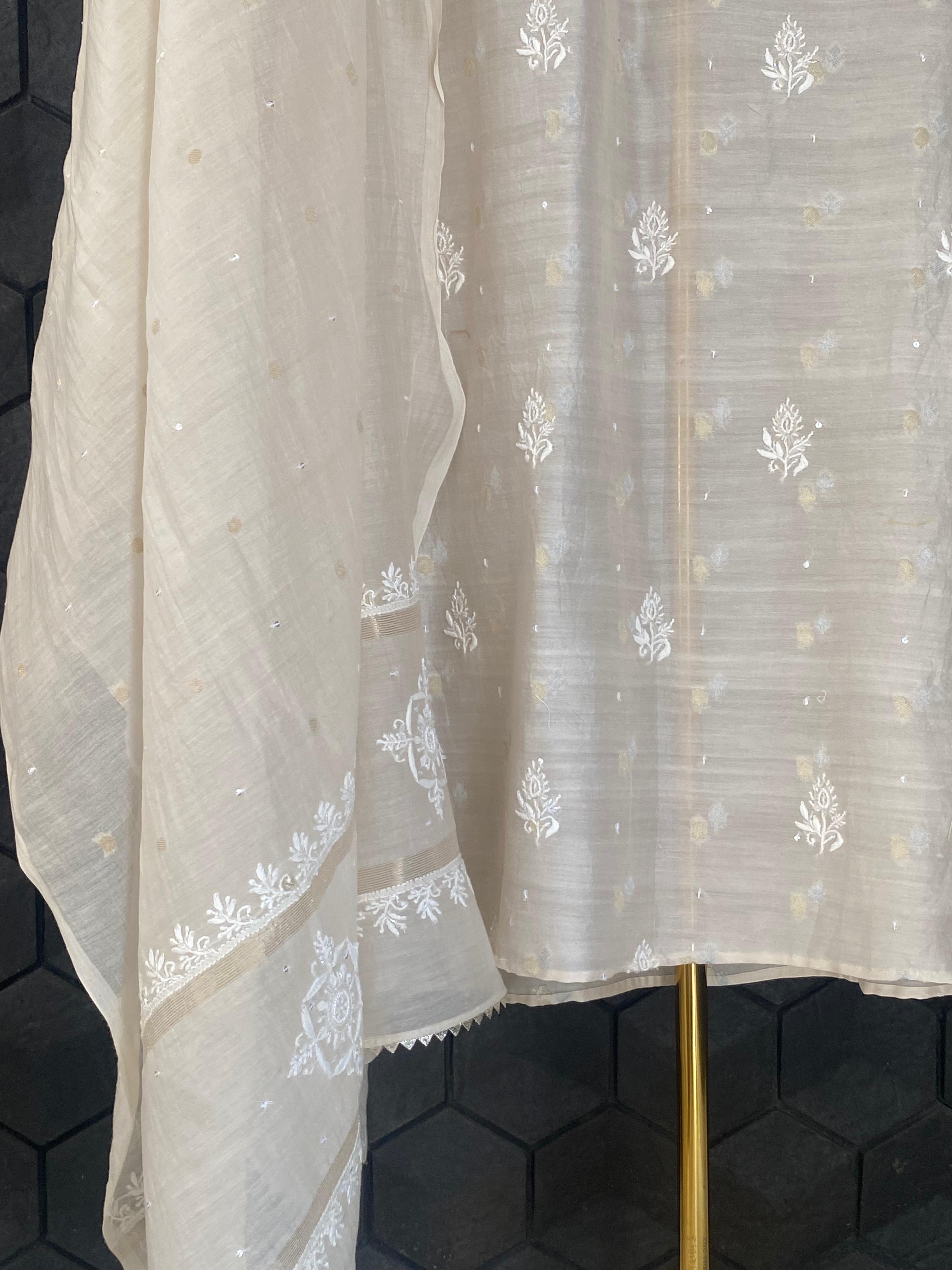 Beige Mul Chanderi Chikankari Kurta Set