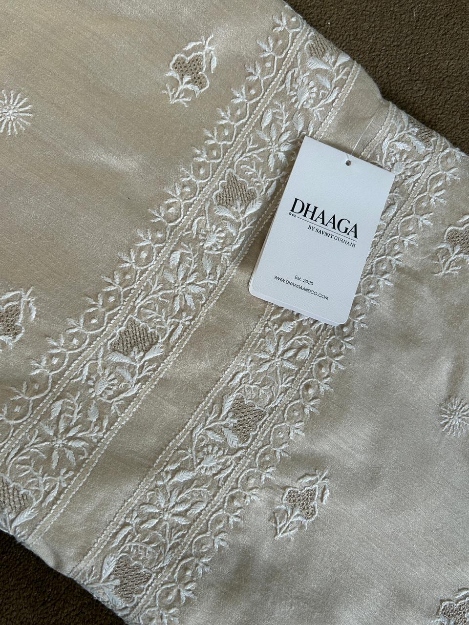 Beige Munga Silk Chikankari Mens Kurta