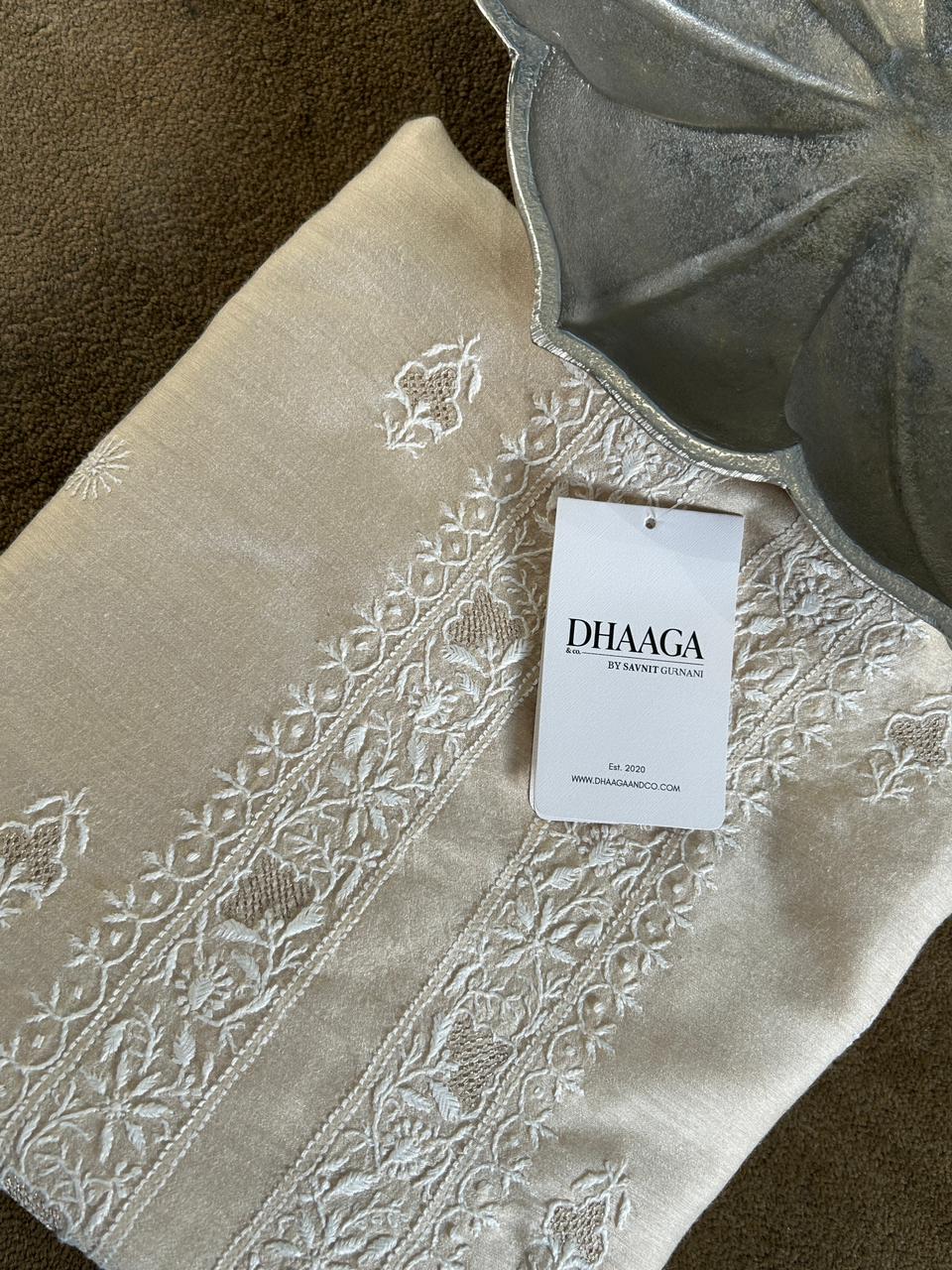 Beige Munga Silk Chikankari Mens Kurta