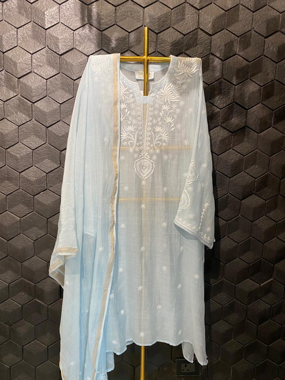 Sky Blue Mul Chanderi Chikankari Kurta Set
