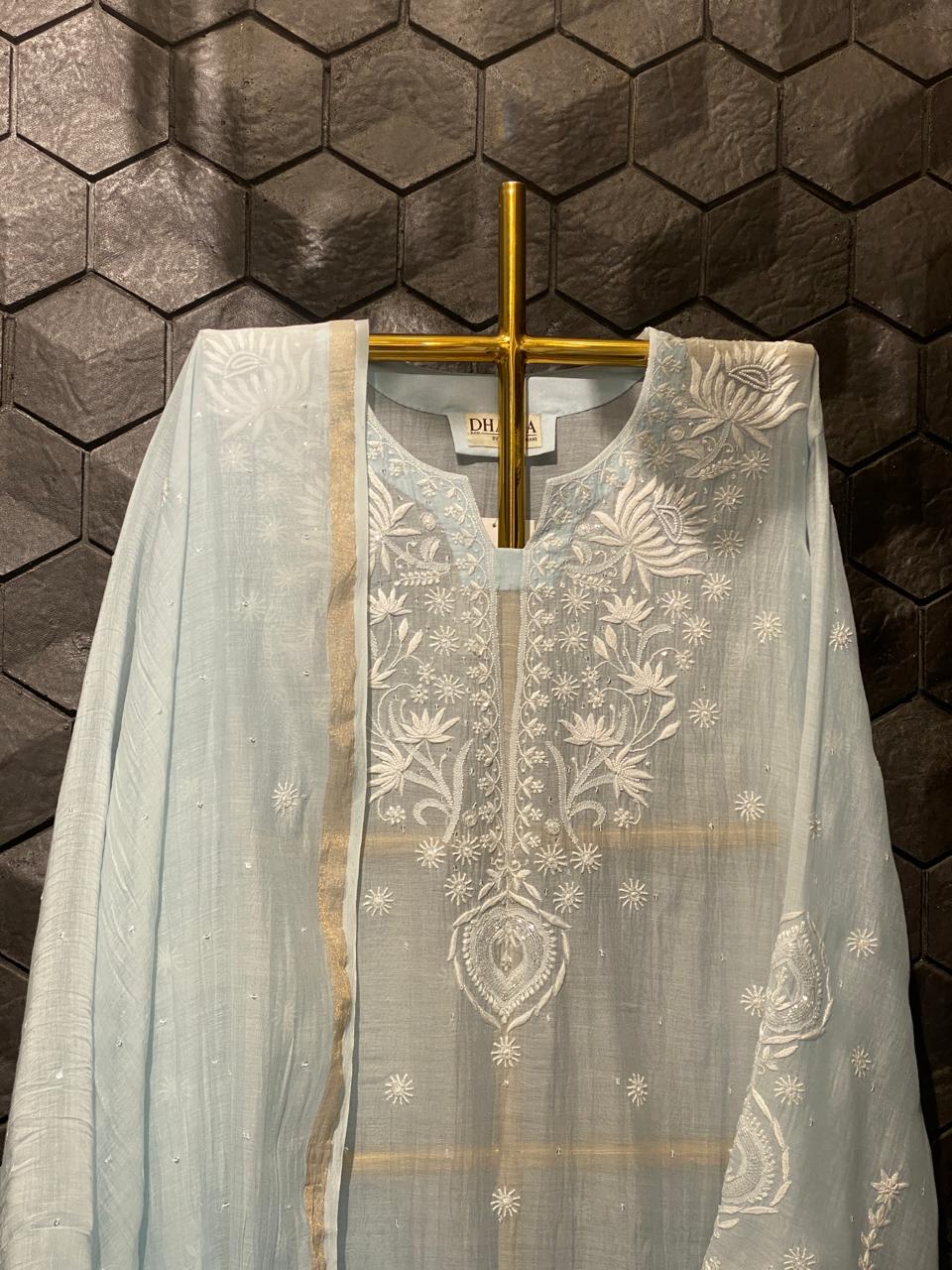 Sky Blue Mul Chanderi Chikankari Kurta Set