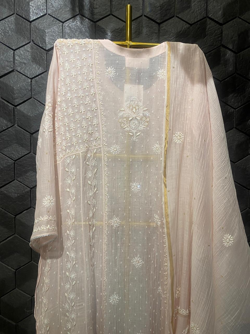 Pink Mul Chanderi Chikankari  Anarkali set