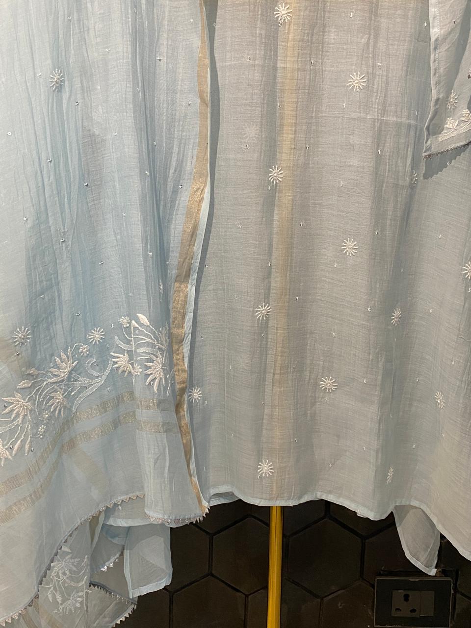 Sky Blue Mul Chanderi Chikankari Kurta Set