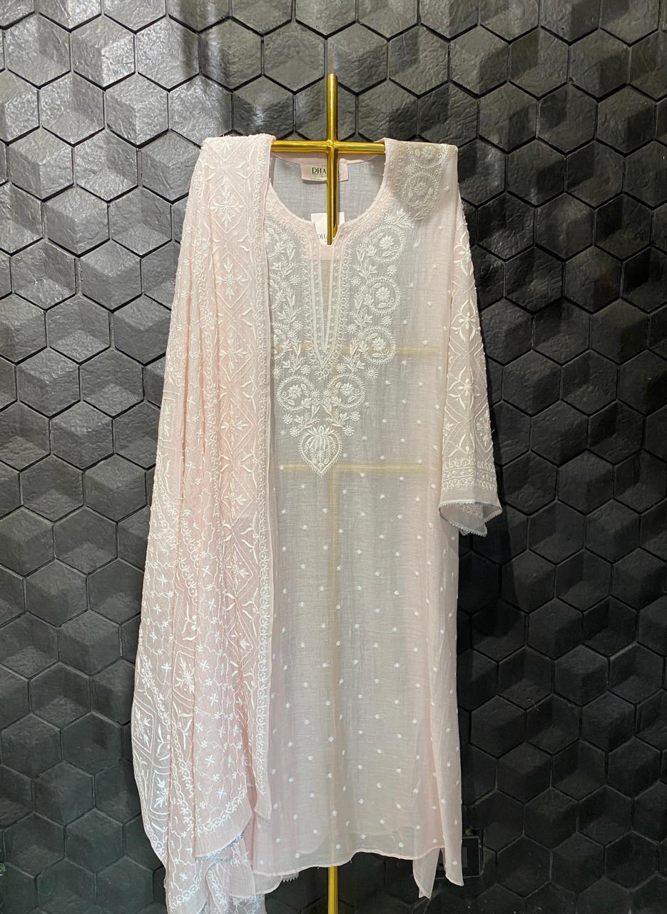 Pink Mul Chanderi Chikankari Kurta Set