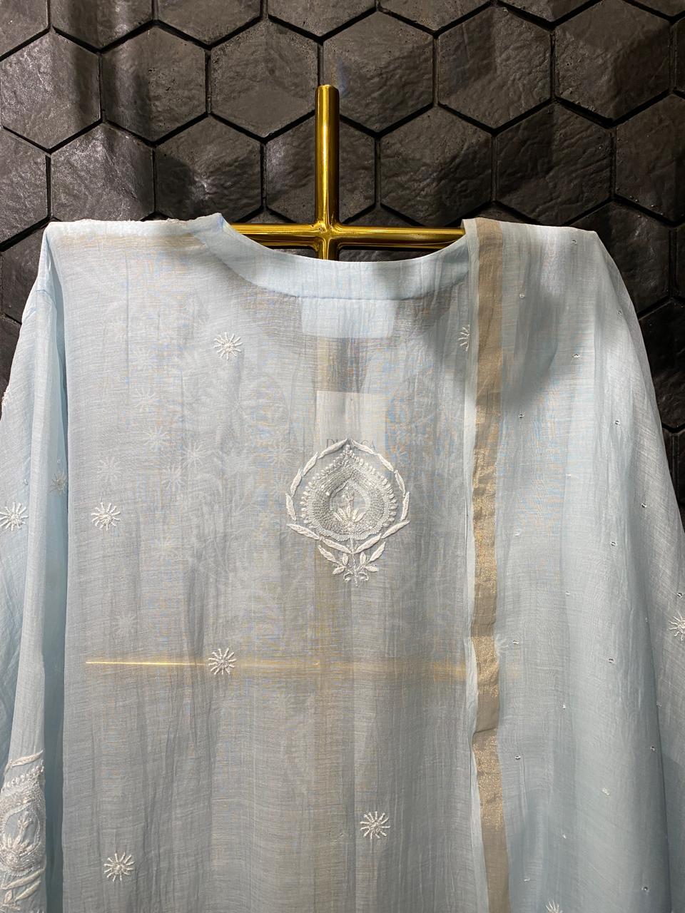 Sky Blue Mul Chanderi Chikankari Kurta Set