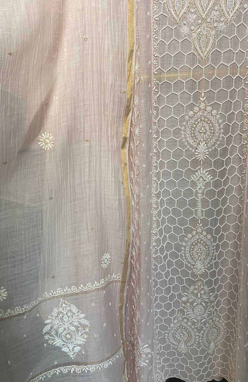 Pink Mul Chanderi Chikankari  Anarkali set