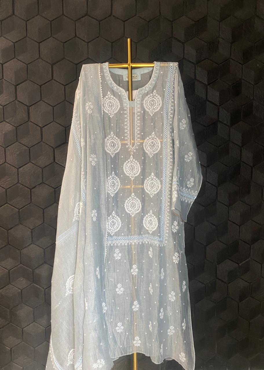 Blue Stripe Tissue Chikankari Kurta Set