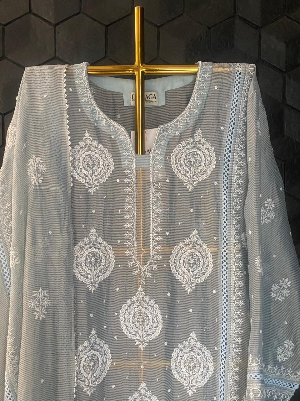 Blue Stripe Tissue Chikankari Kurta Set