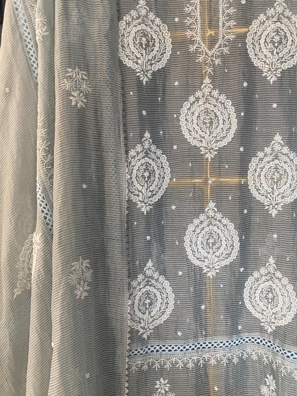 Blue Stripe Tissue Chikankari Kurta Set
