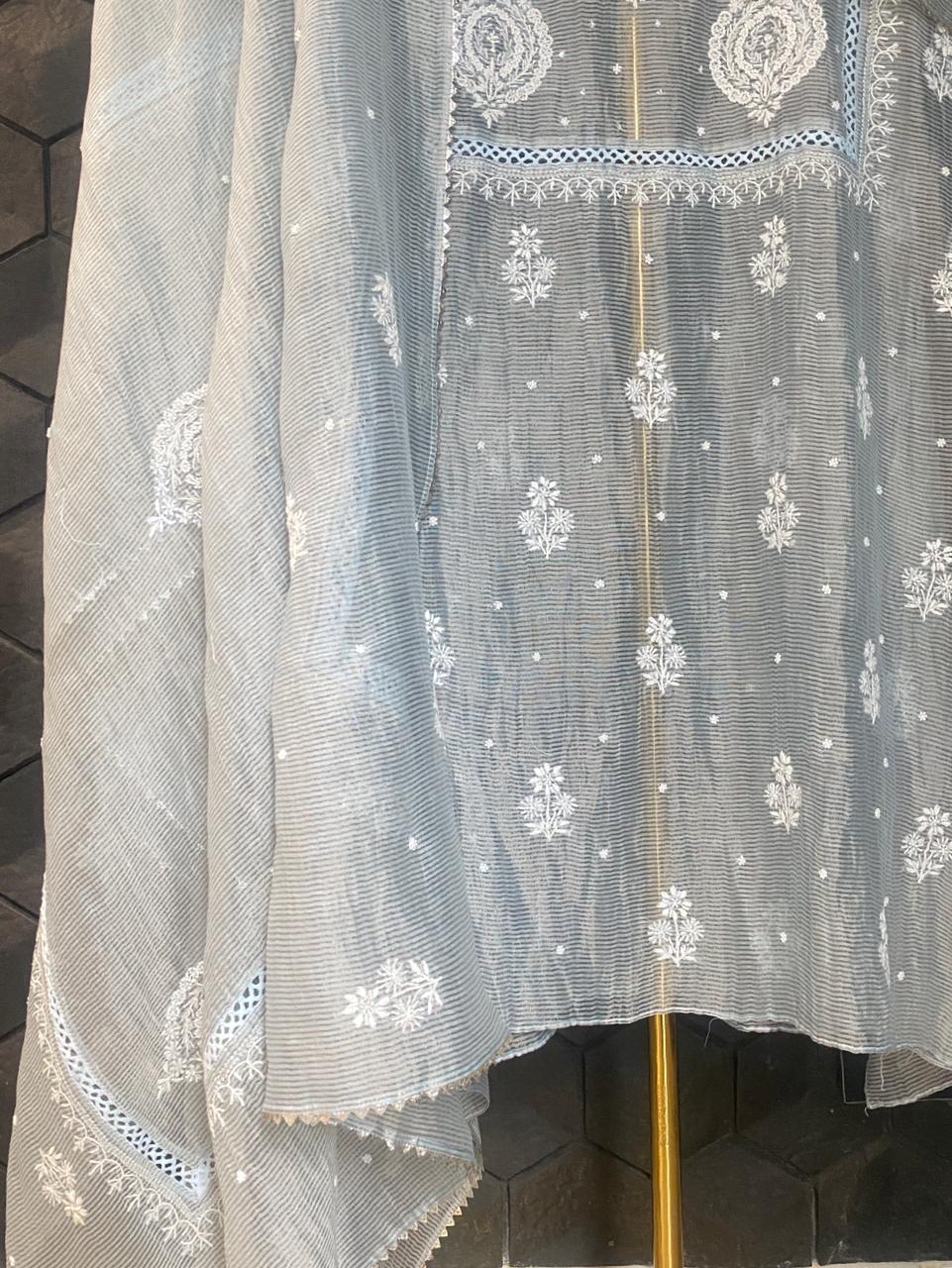 Blue Stripe Tissue Chikankari Kurta Set