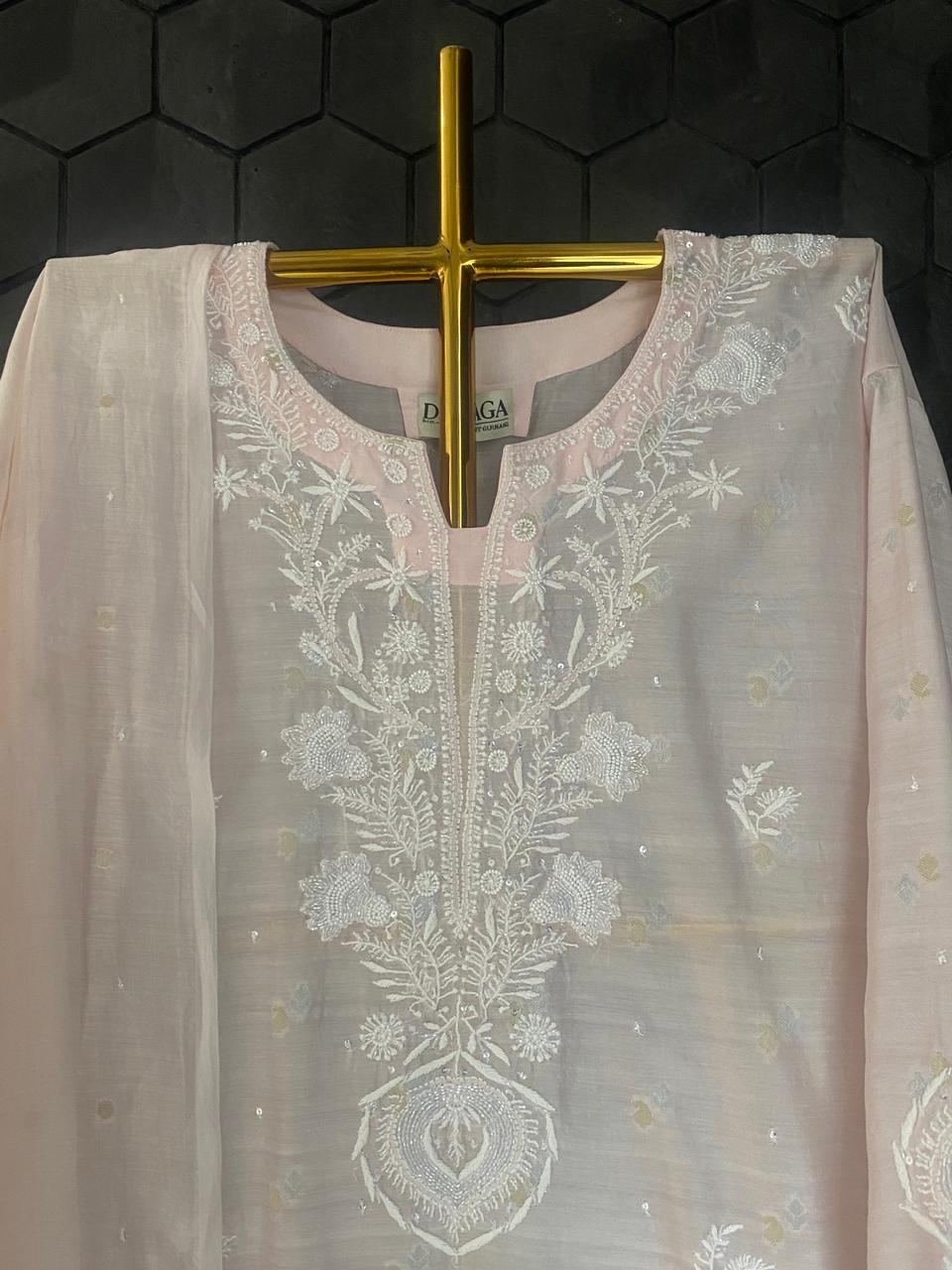 Pink Mul Chanderi Chikankari Kurta Set