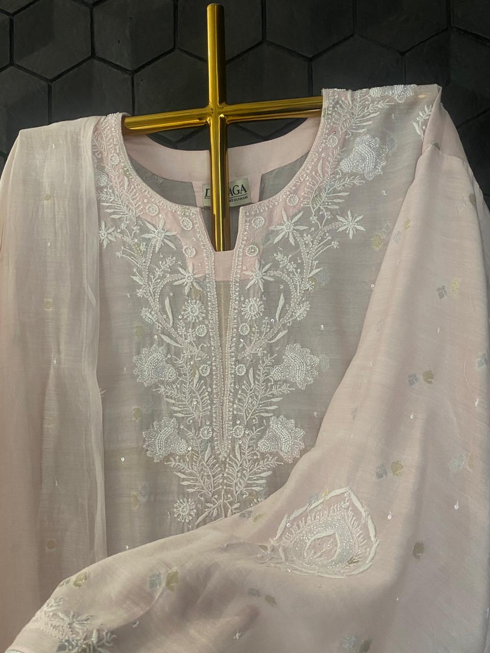 Pink Mul Chanderi Chikankari Kurta Set