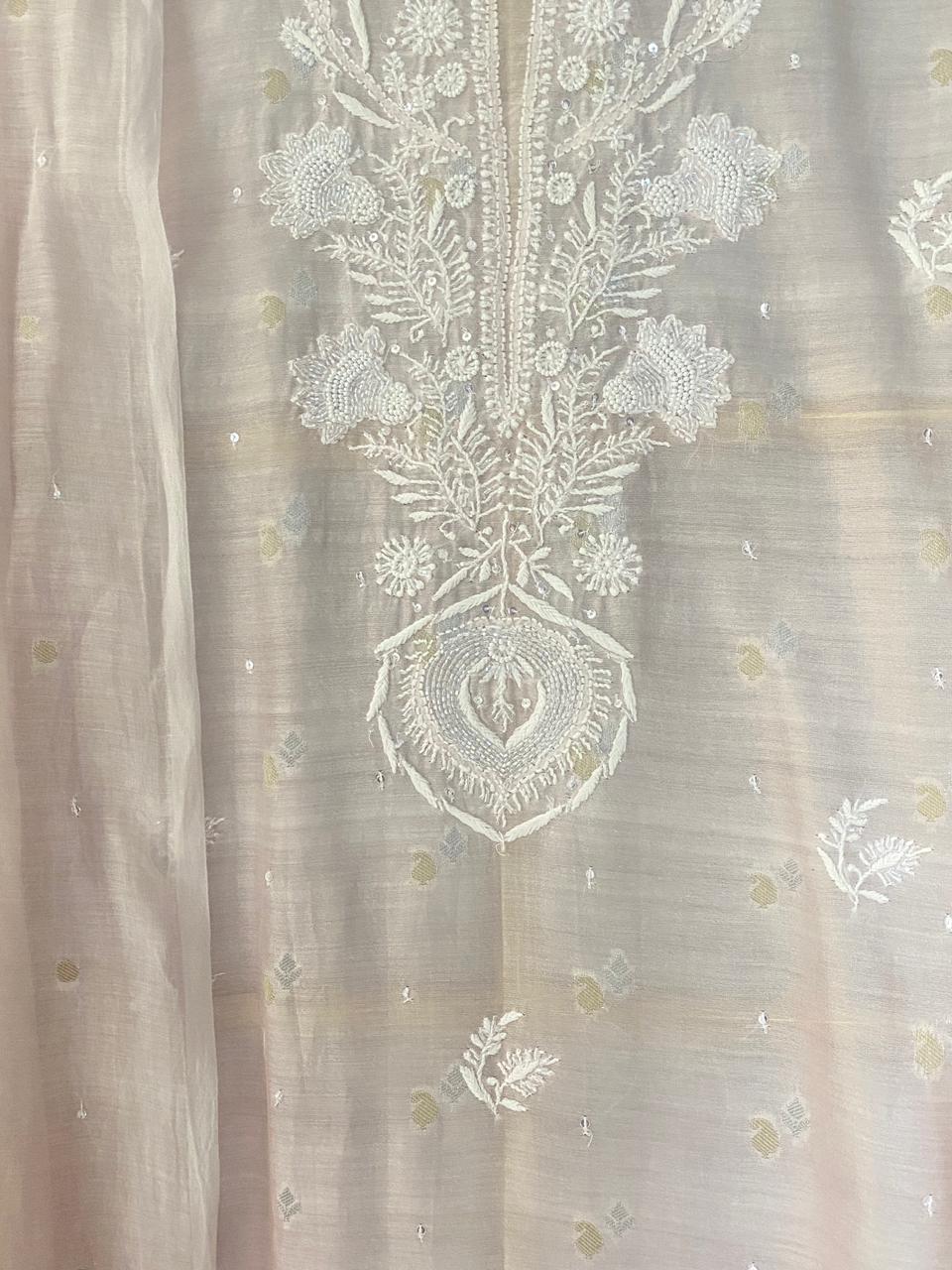 Pink Mul Chanderi Chikankari Kurta Set
