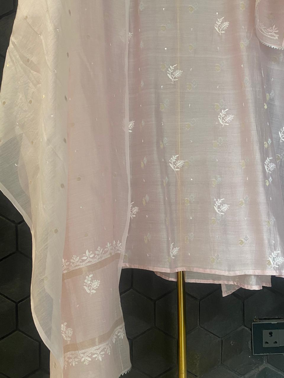 Pink Mul Chanderi Chikankari Kurta Set