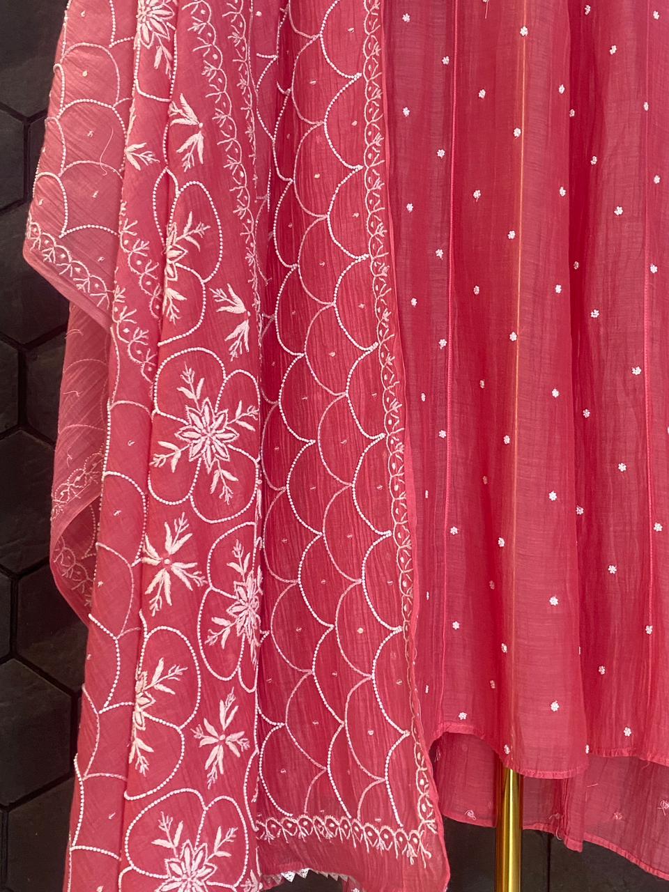 Fuchsia Mul Chanderi Chikankari Anarkali Set