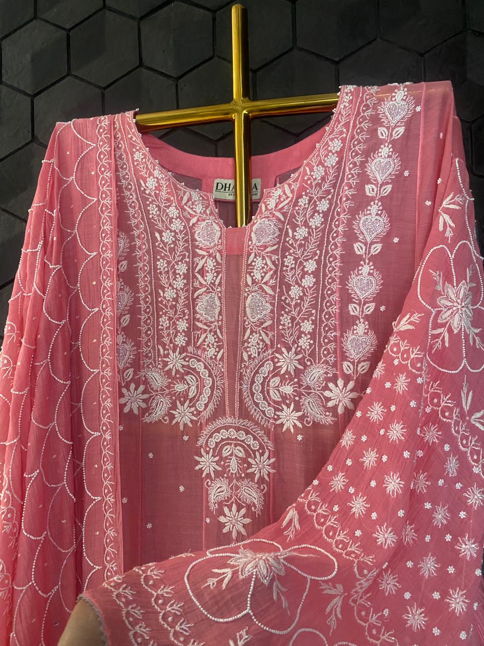 Fuchsia Mul Chanderi Chikankari Anarkali Set
