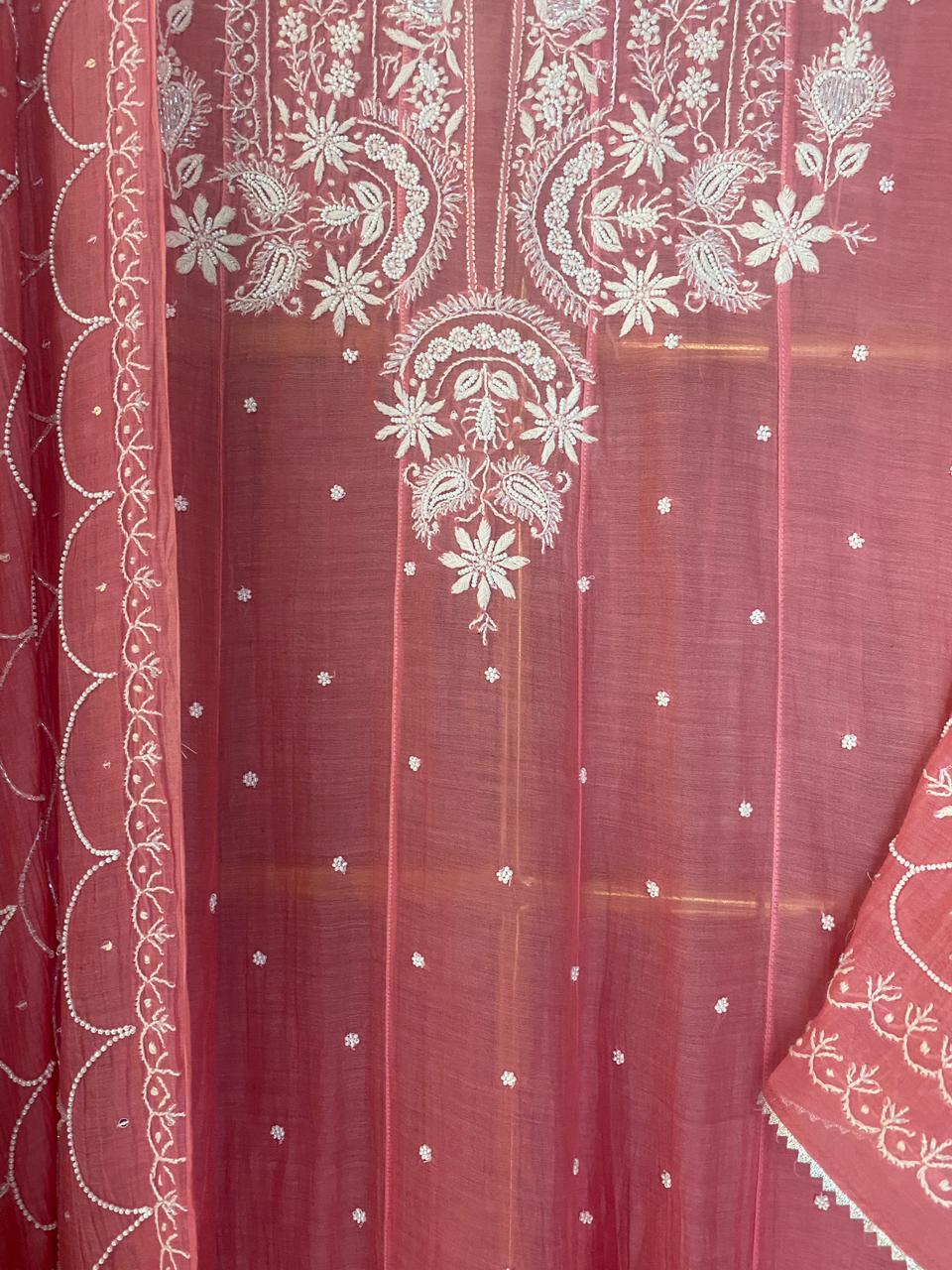 Fuchsia Mul Chanderi Chikankari Anarkali Set