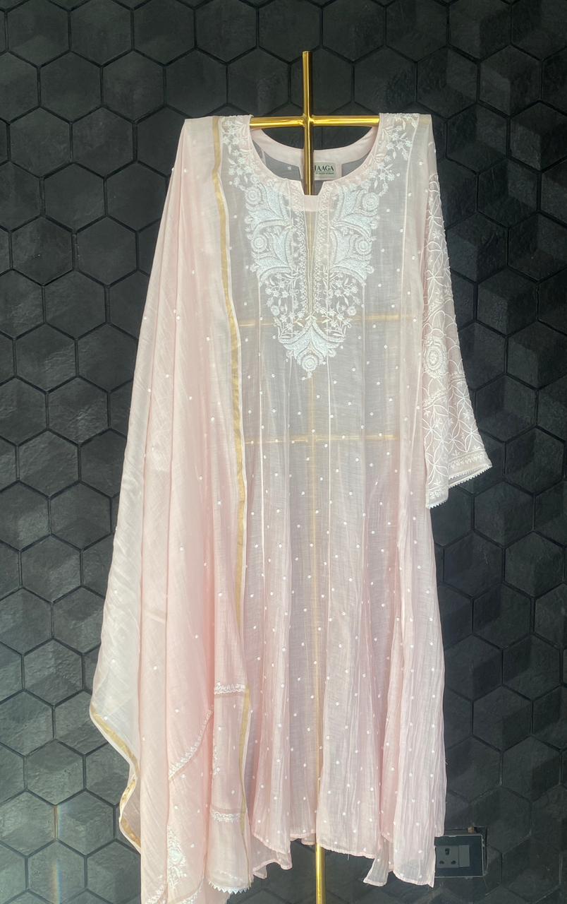 Pink Mul Chanderi Chikankari Anarkali Set
