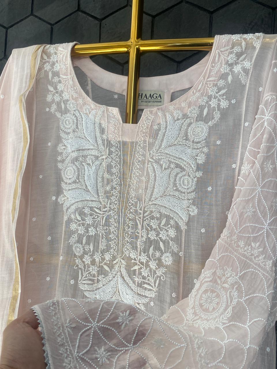 Pink Mul Chanderi Chikankari Anarkali Set