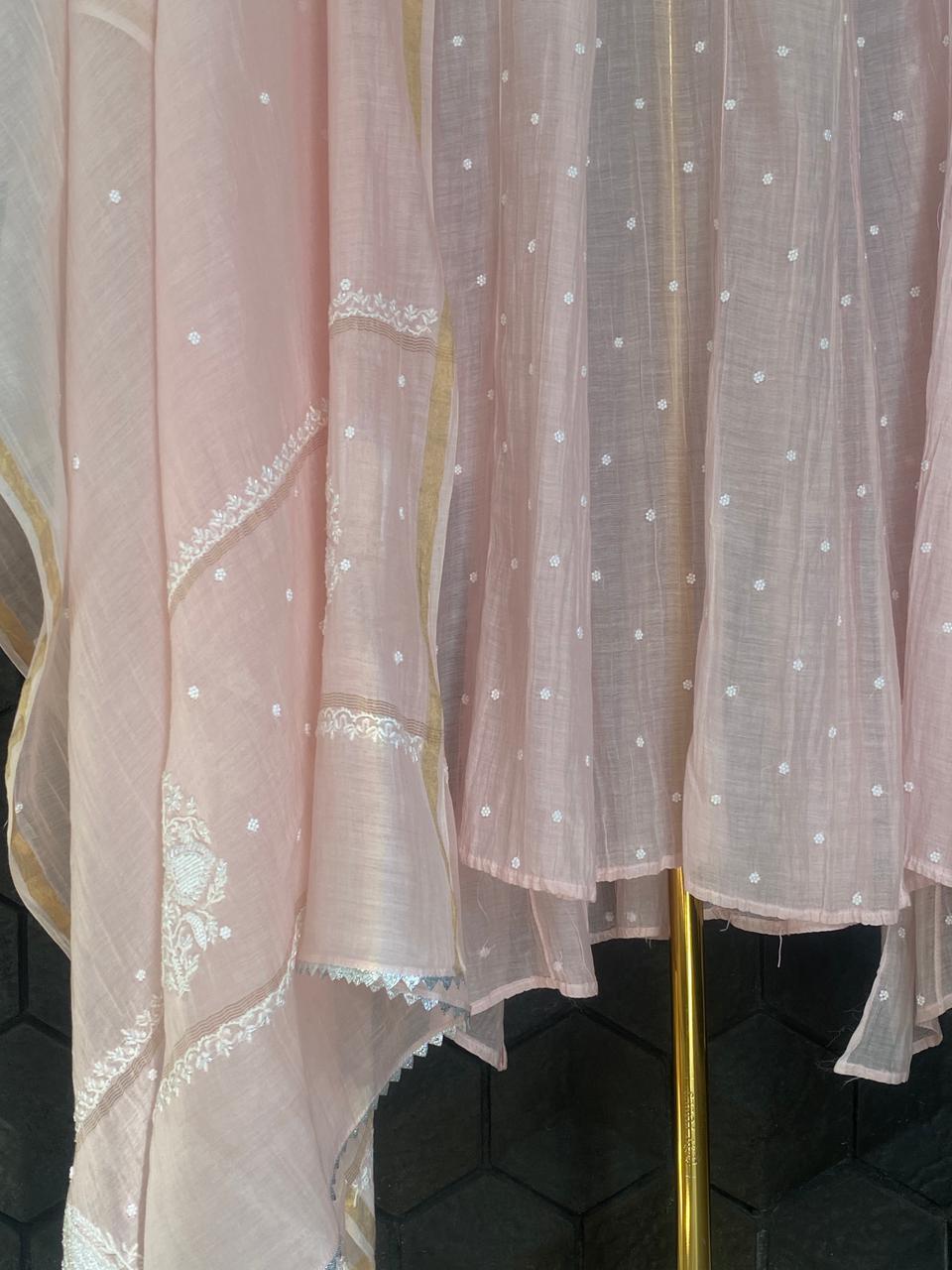 Pink Mul Chanderi Chikankari Anarkali Set