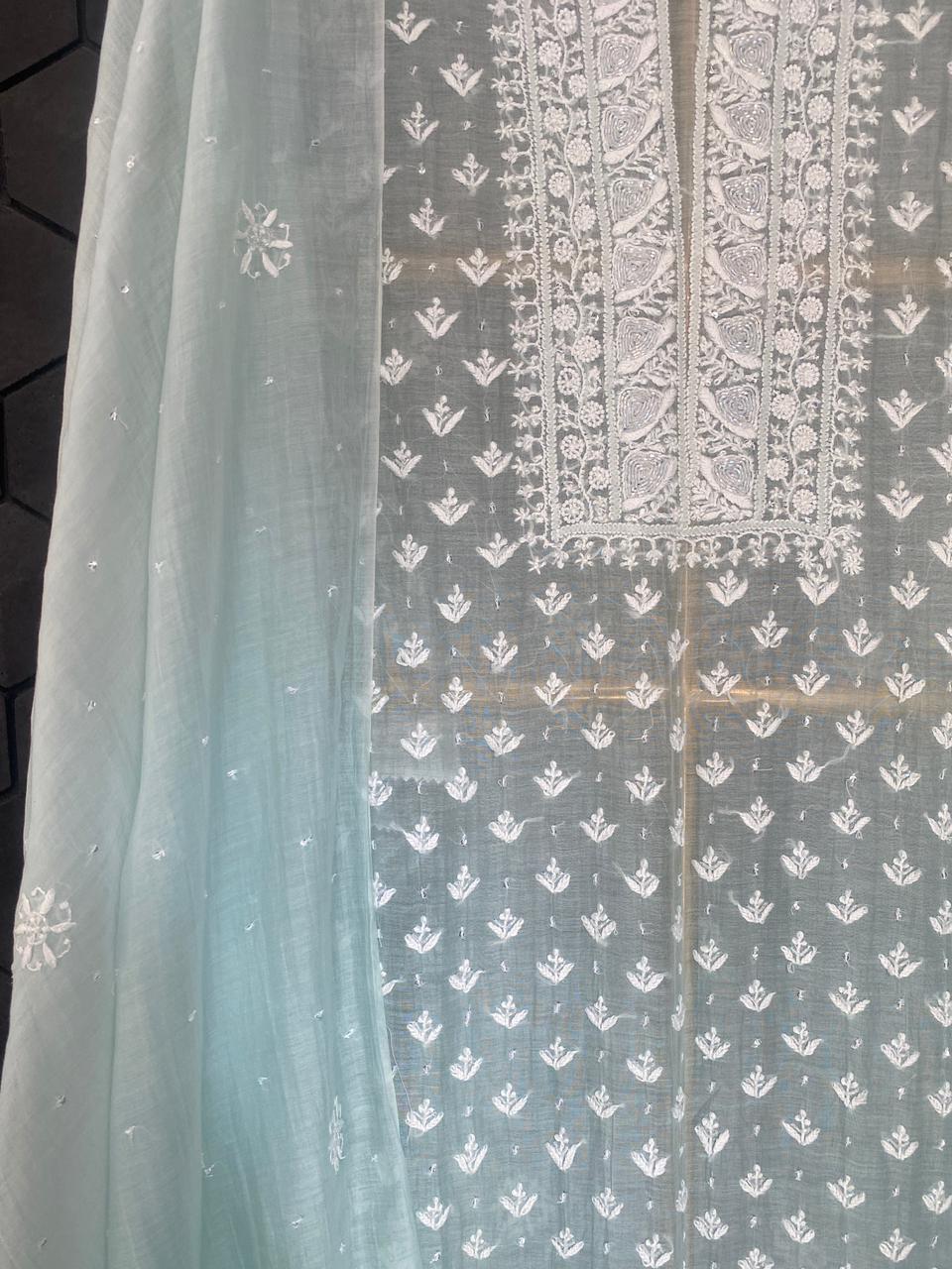 Sea Green  Ombre  Mul Chanderi Chikankari Kurta Set
