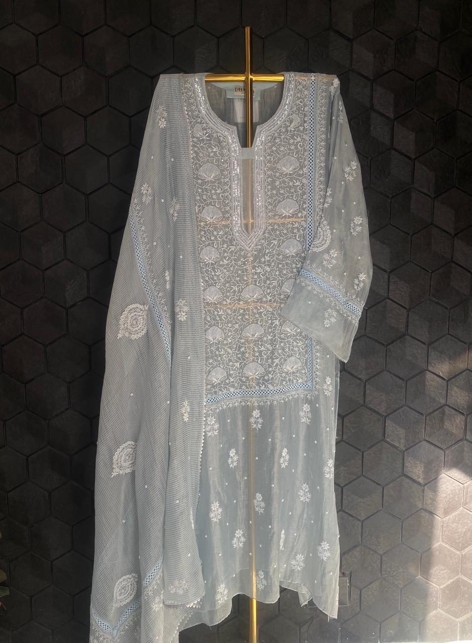 Blue Striped Tissue Chikankari Kurta Set