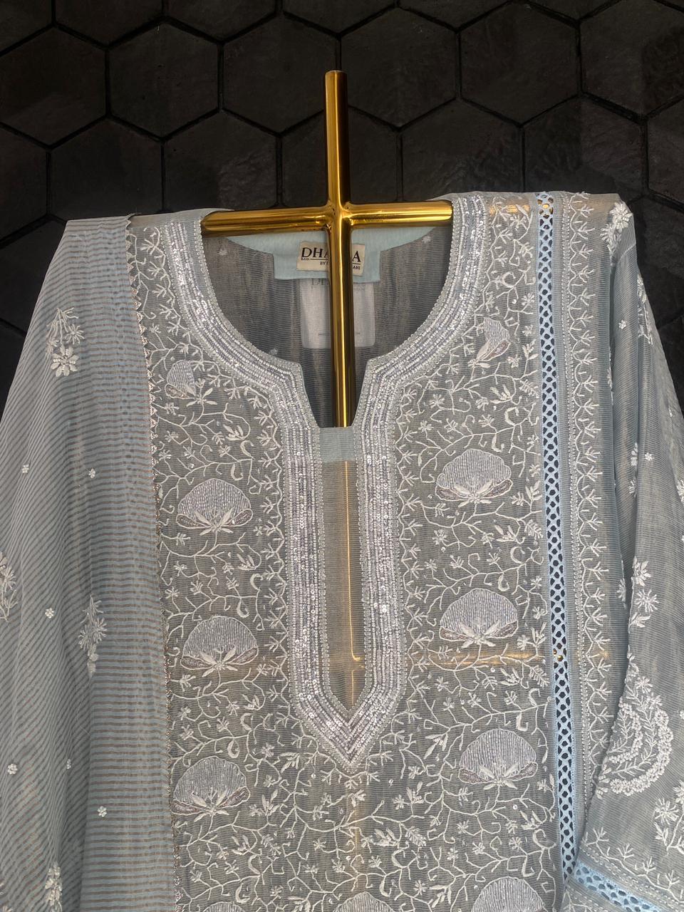 Blue Striped Tissue Chikankari Kurta Set