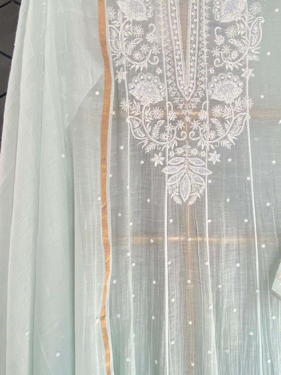 Sea Green Mul Chanderi Chikankari Anarkali Set