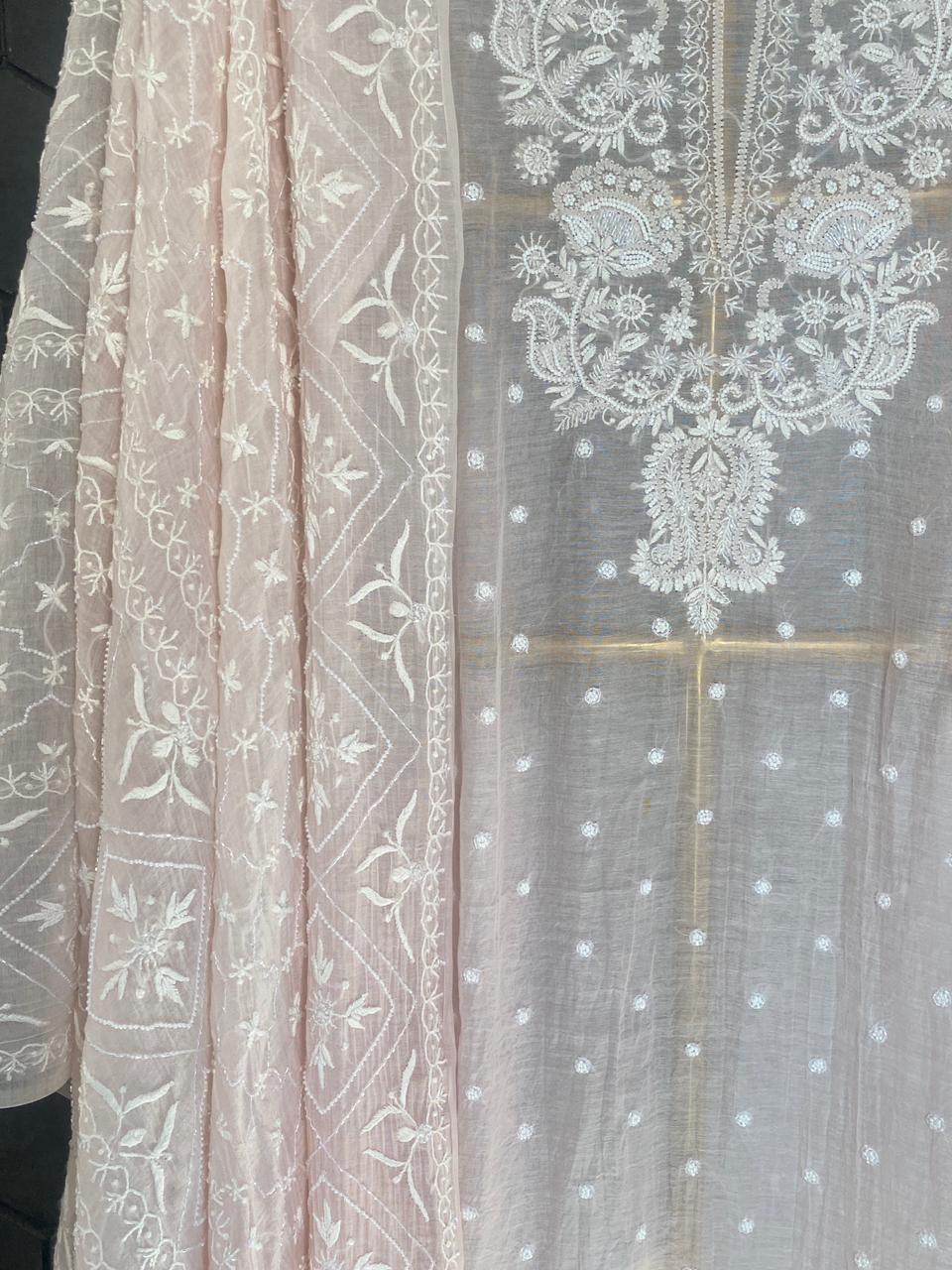 Pink Mul Chanderi Chikankari Kurta Set