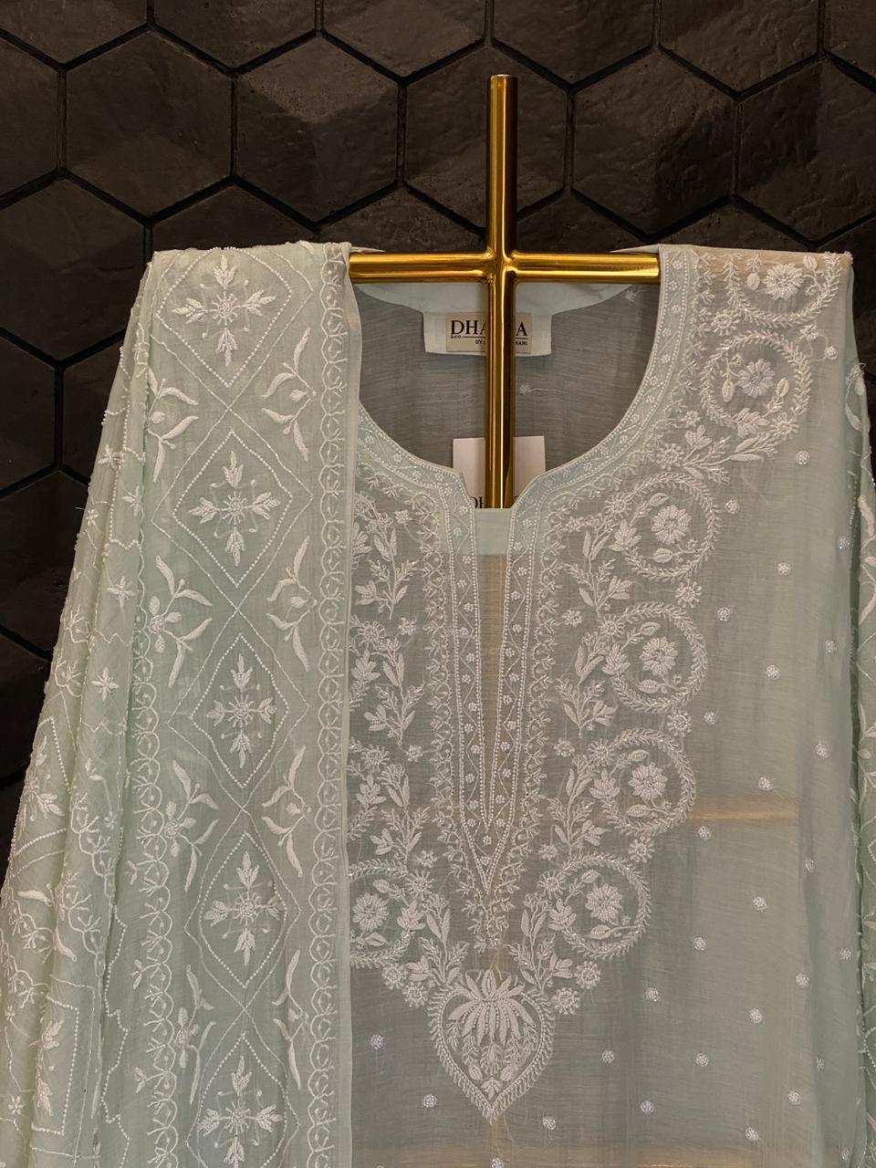 Sea Green Mul Chanderi Chikankari Kurta Set