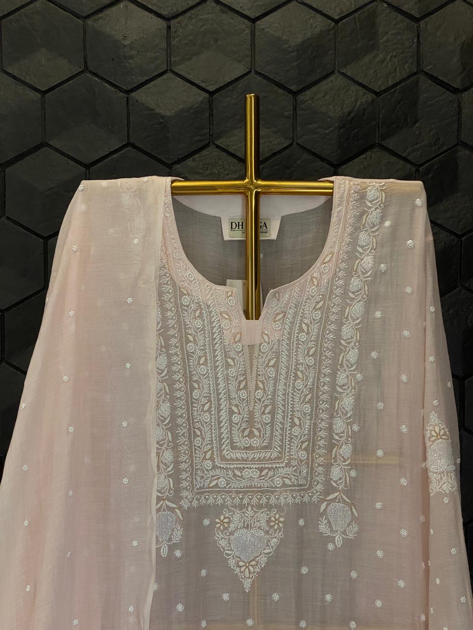 Pink Mul Chanderi Chikankari Kurta Set