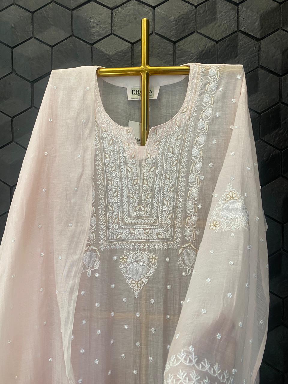 Pink Mul Chanderi Chikankari Kurta Set