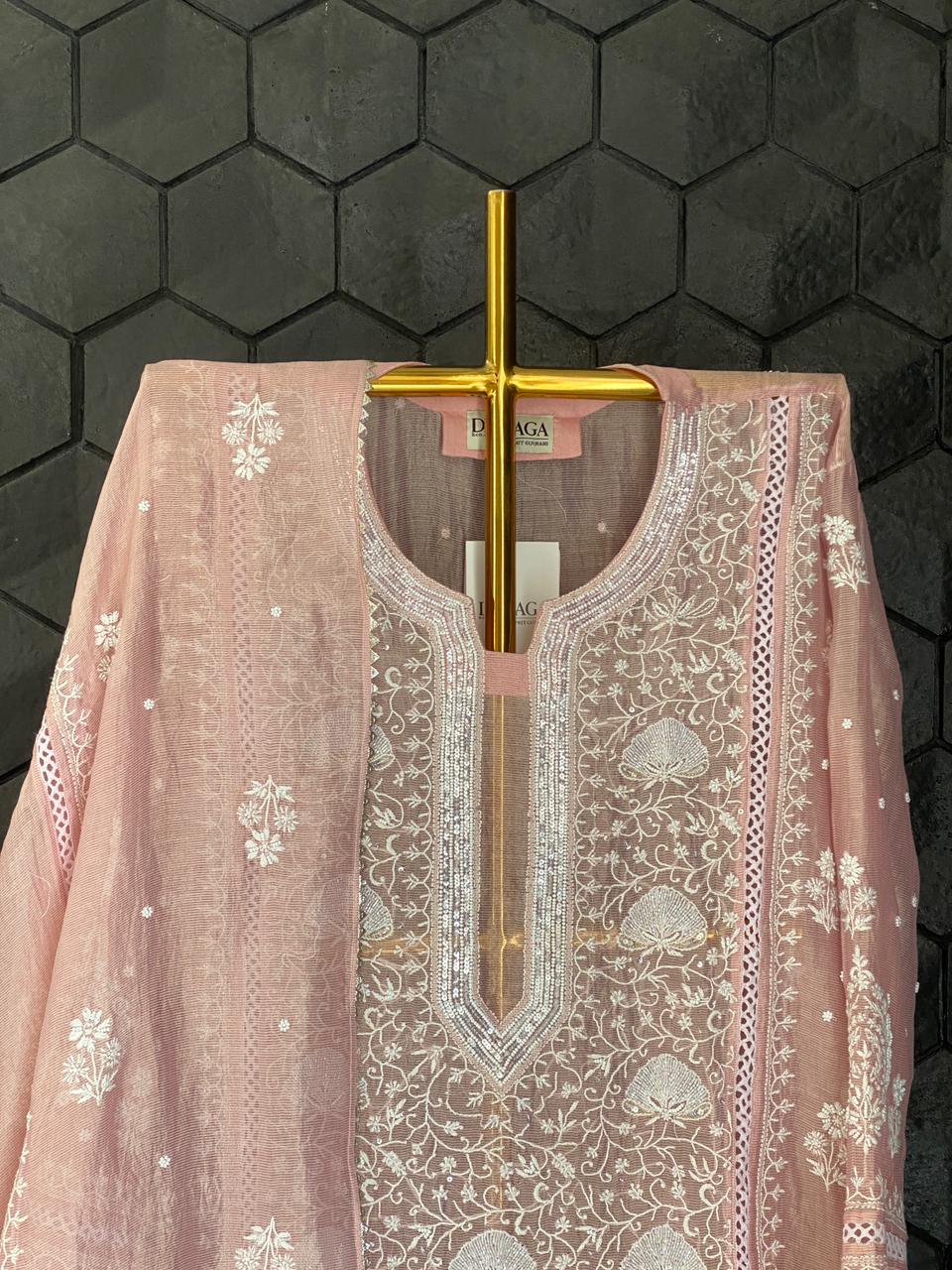 Pink Striped Tissue Chikankari Kurta Set