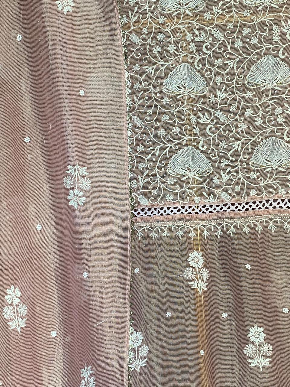Pink Striped Tissue Chikankari Kurta Set