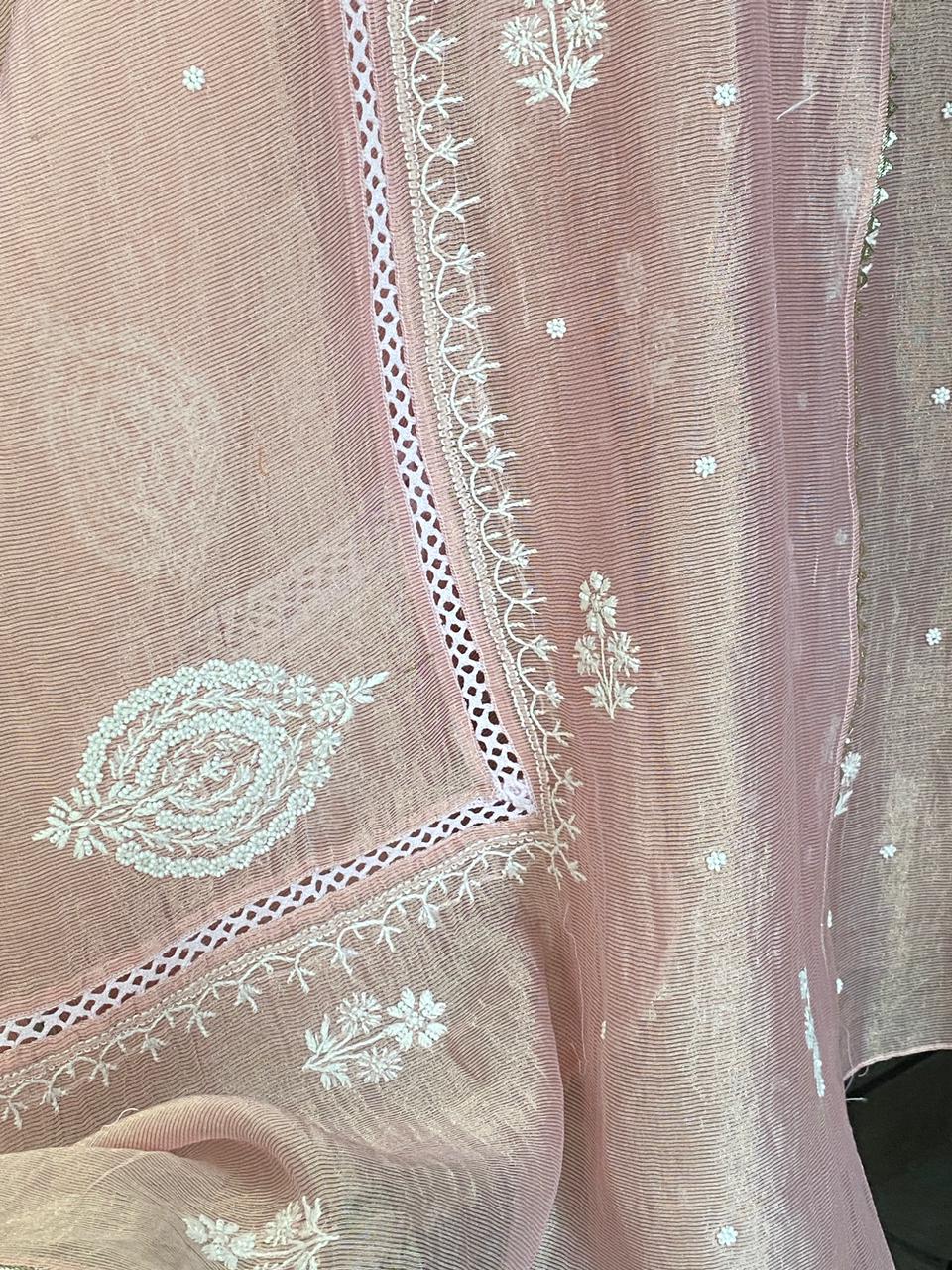 Pink Striped Tissue Chikankari Kurta Set