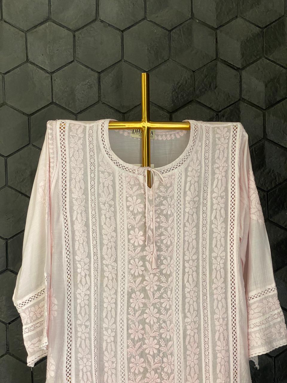 Pink Mul Chanderi Chikankari Kurta