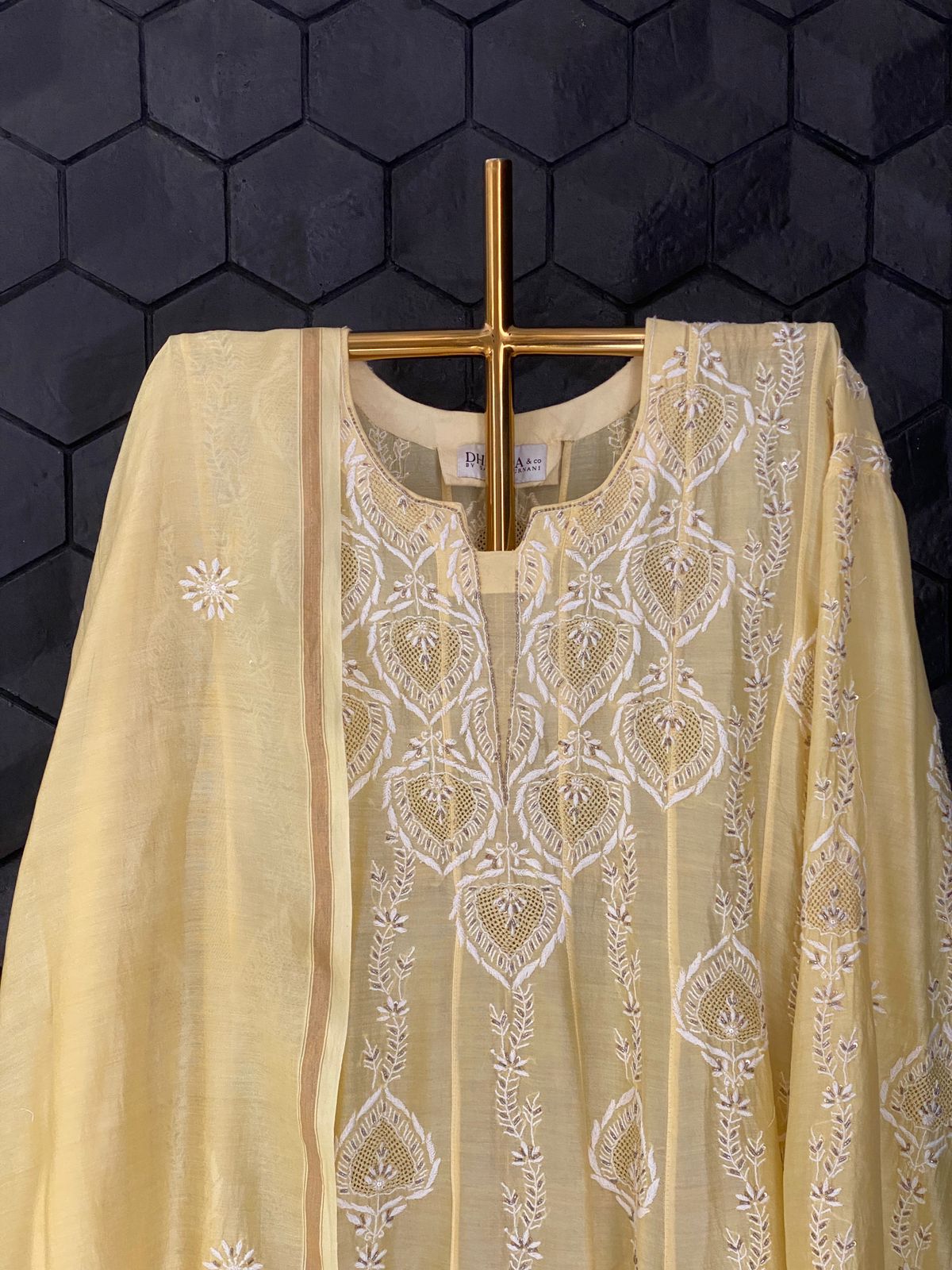 Yellow Chanderi Chikankari Anarkali Set