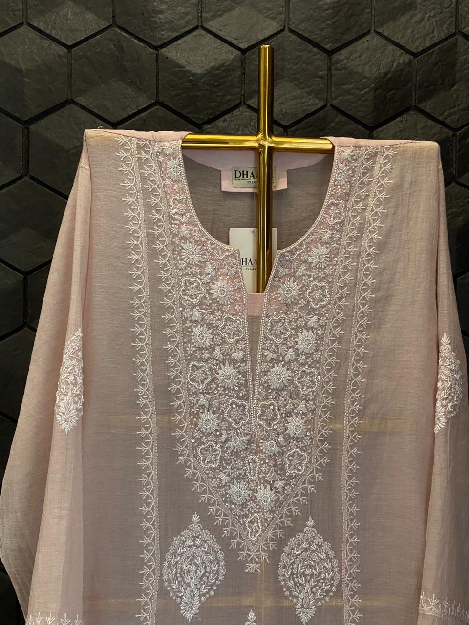 Pink Silver Tissue Chikankari Co-ord Set