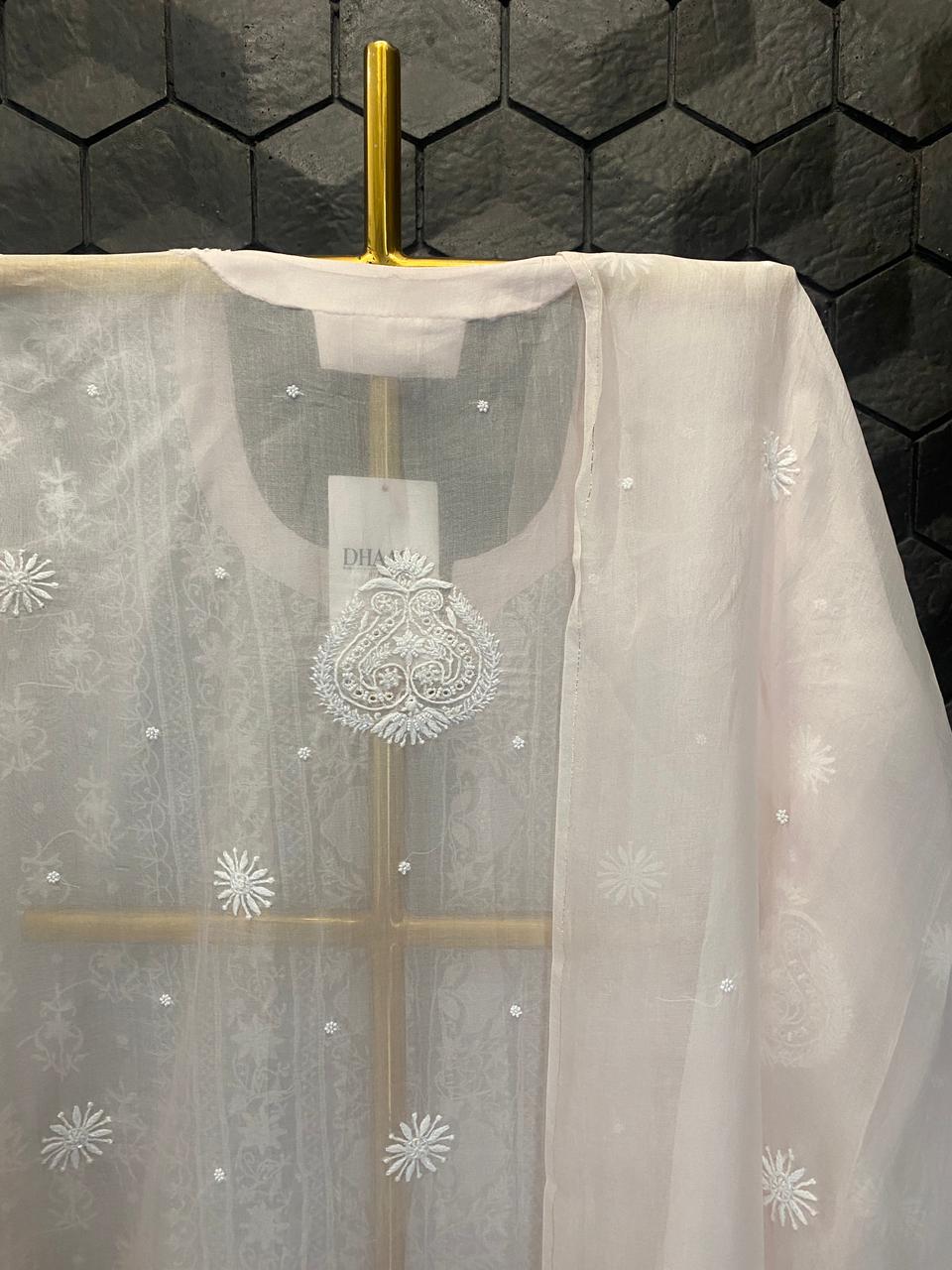 Pink Organza Chikankari Kurta Set