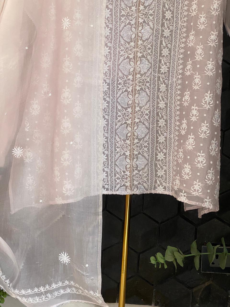 Pink Organza Chikankari Kurta Set